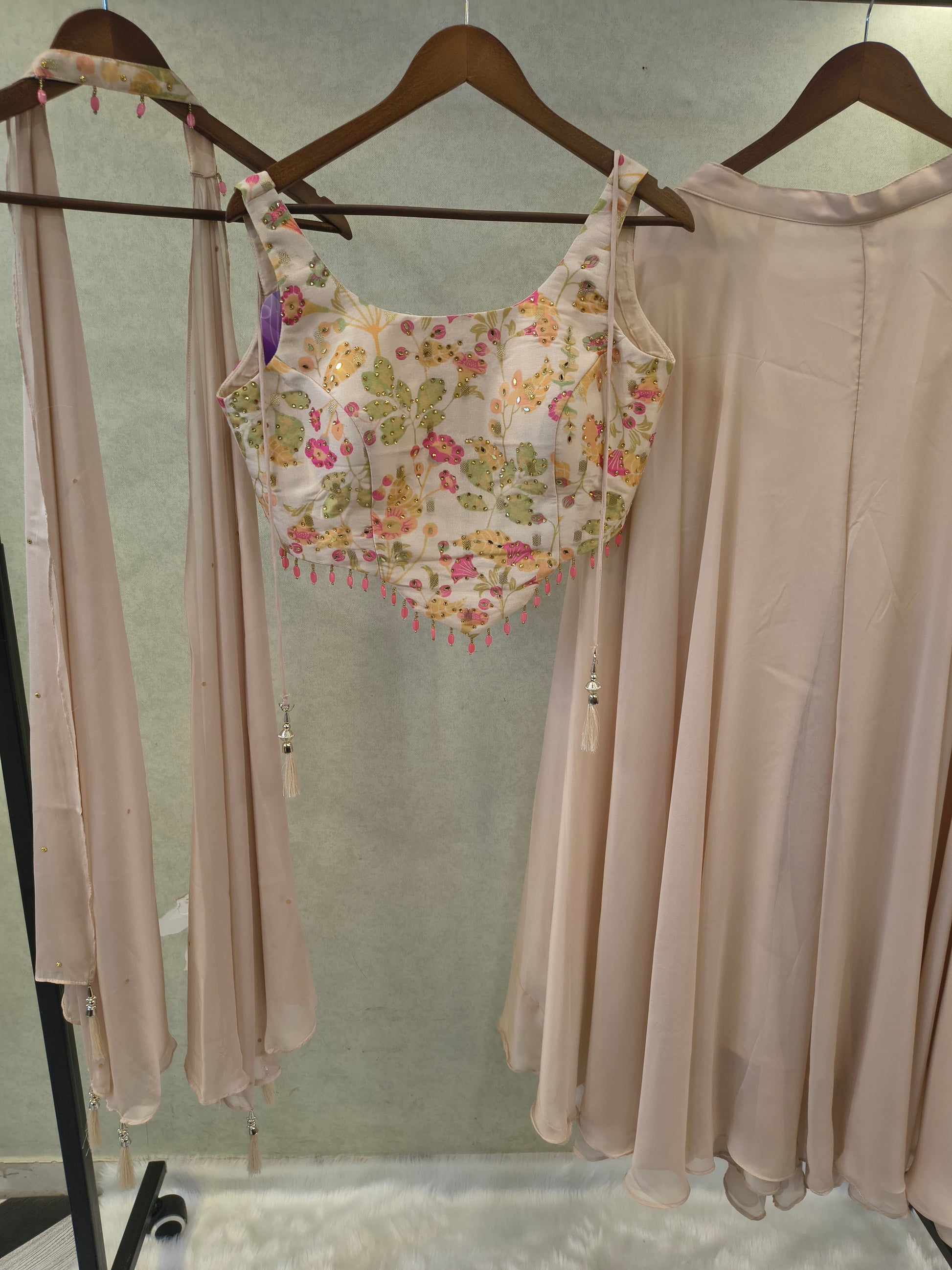 Blush Pink Floral Embroidered Blouse with Flared Palazzo & Choker Dupatta – 3 Piece Designer Indo-Western Set