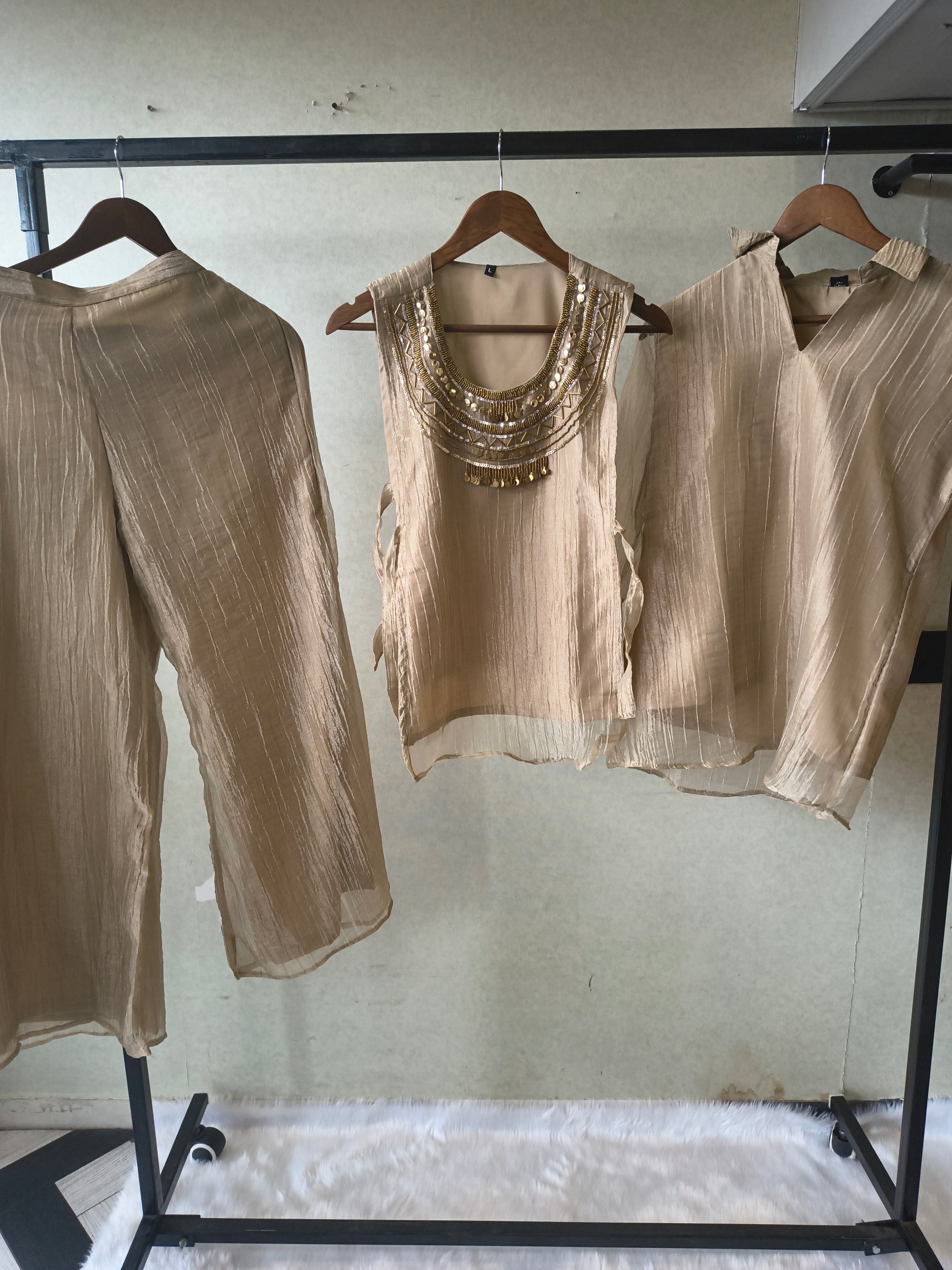 Premium Champagne Tissue Silk 3-Piece Co-Ord Set with Statement Hand Embellished Jacket, Inner & Palazzo