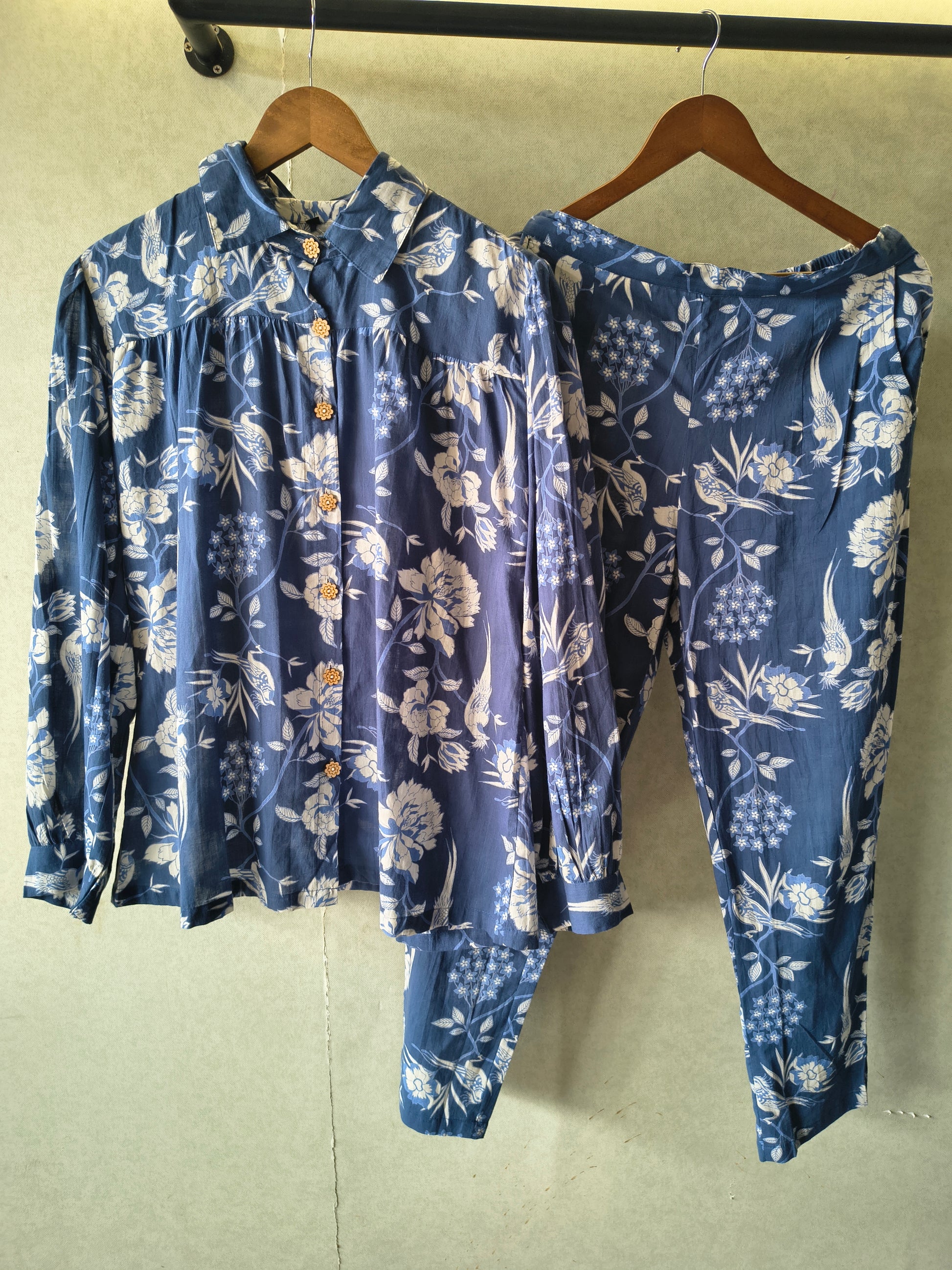 Premium Blue Floral Bird Print Shirt Co-Ord Set
