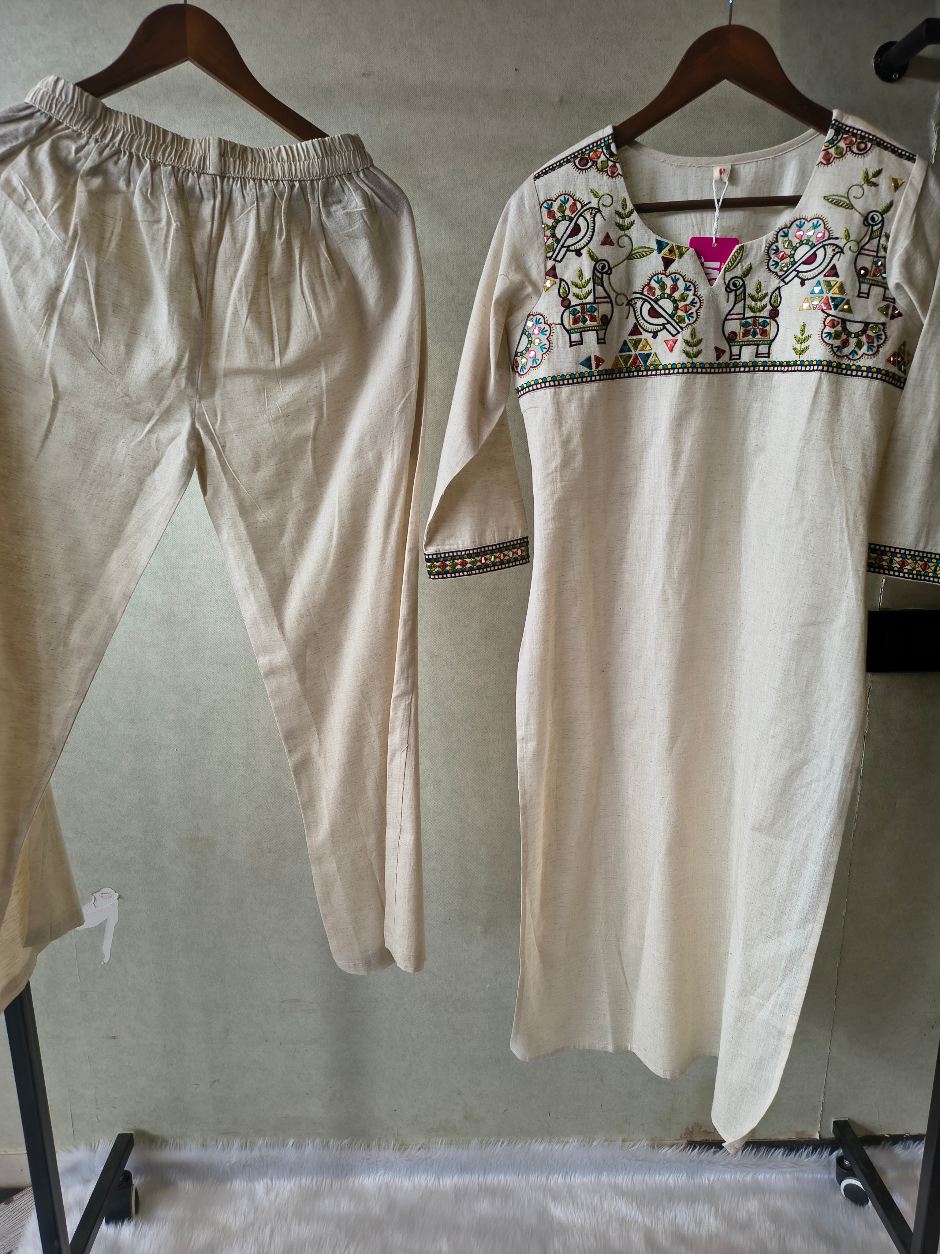 Image of Ivory Cotton Linen Kurta Set with Multicolour Folk Embroidery & Straight Pants