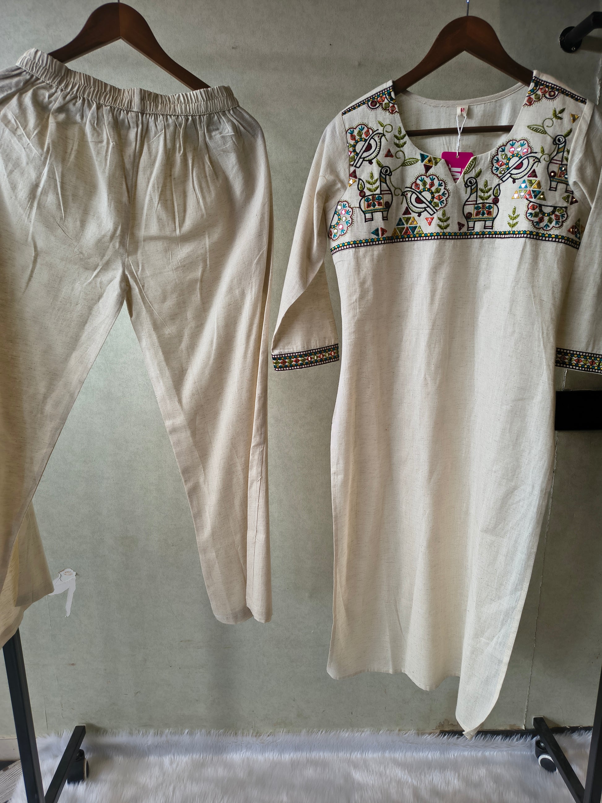 Ivory Cotton Linen Kurta Set with Multicolour Folk Embroidery & Straight Pants