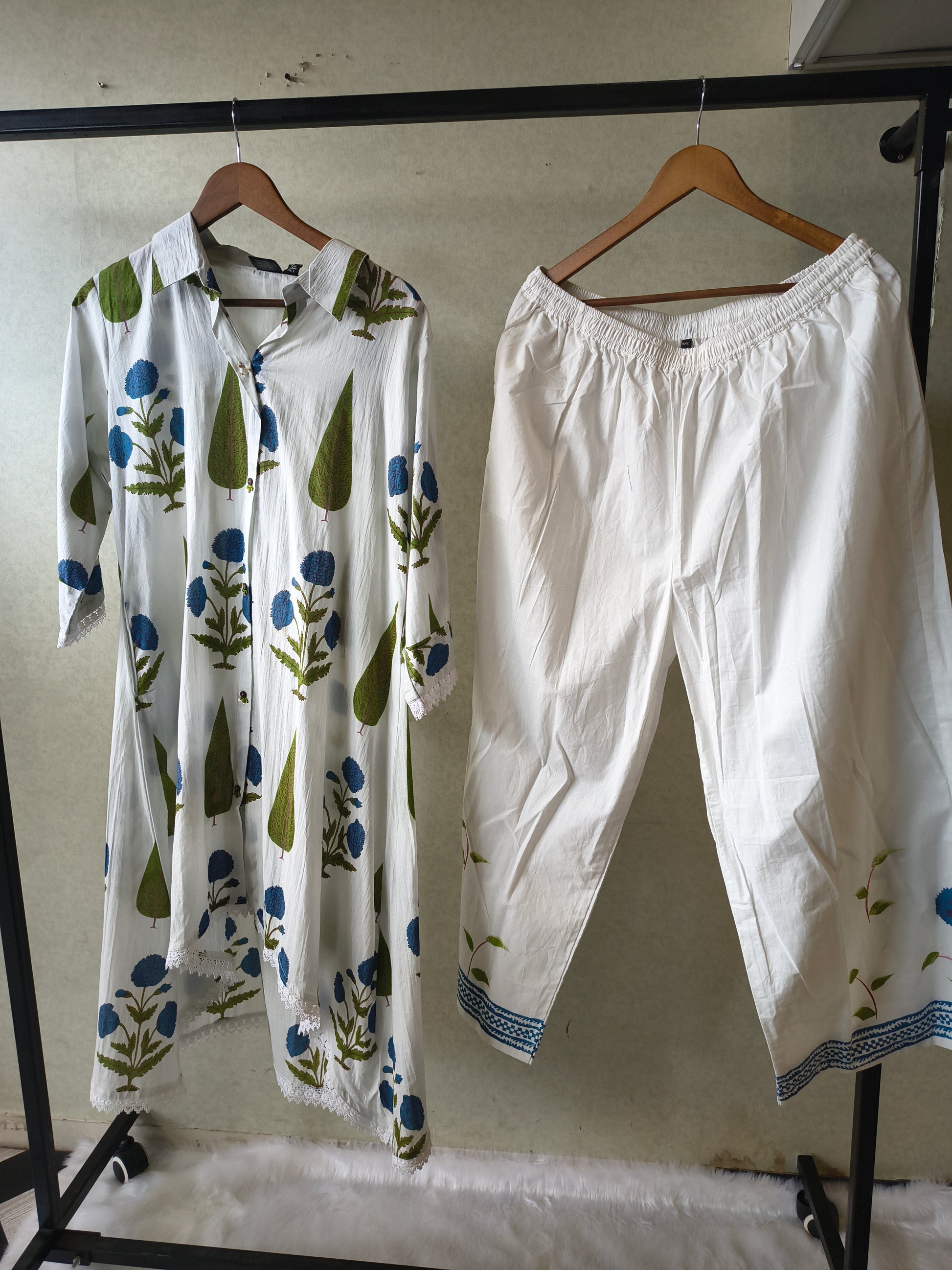 Premium White Botanical Printed High-Low Kurta Set with Designer Pants
