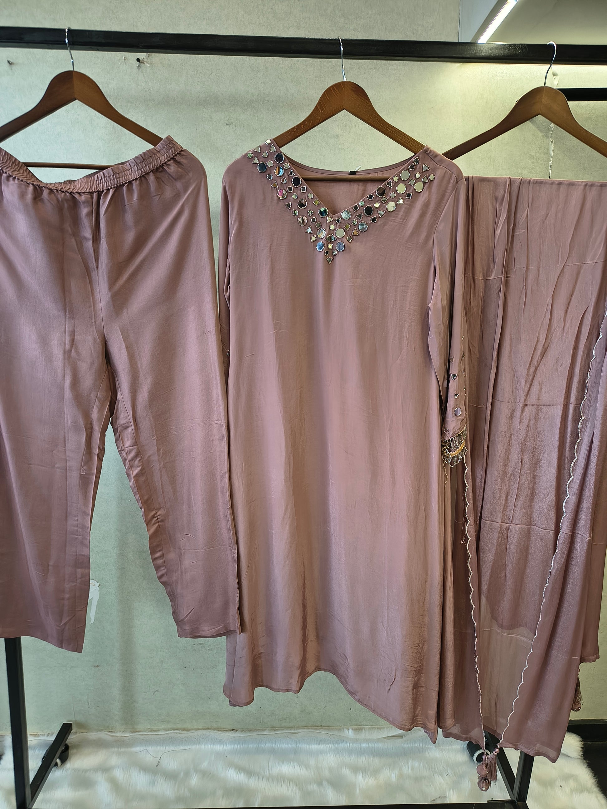 Dusty Mauve Mirror Embellished Straight Kurta Set with Matching Pants & Scalloped Dupatta | Premium 3 Piece Festive Ensemble
