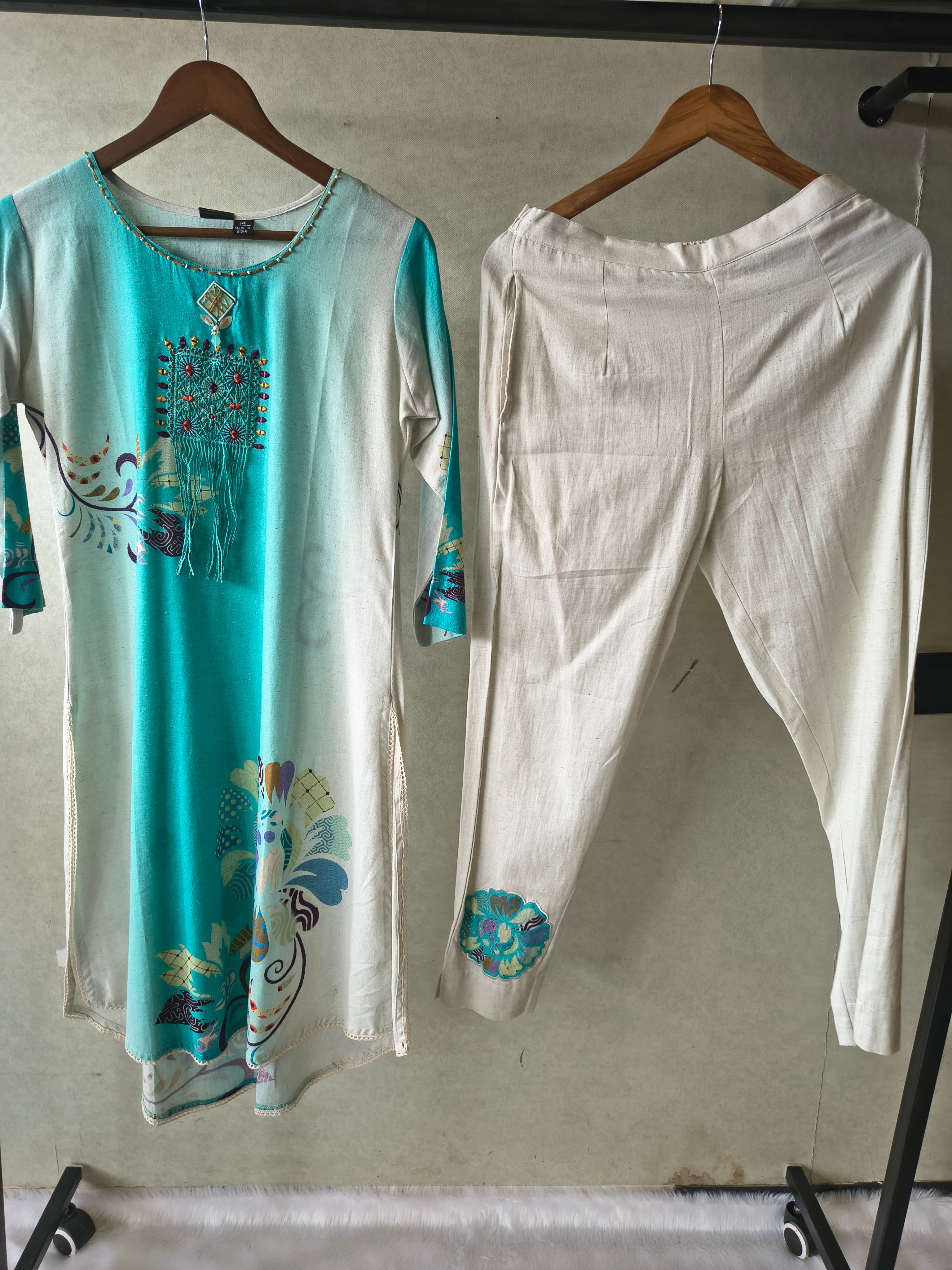 Image of Premium Aqua Ombre Linen Blend Kurta Set with Handcrafted Embroidered Tassel Patch & Embroidered Pants