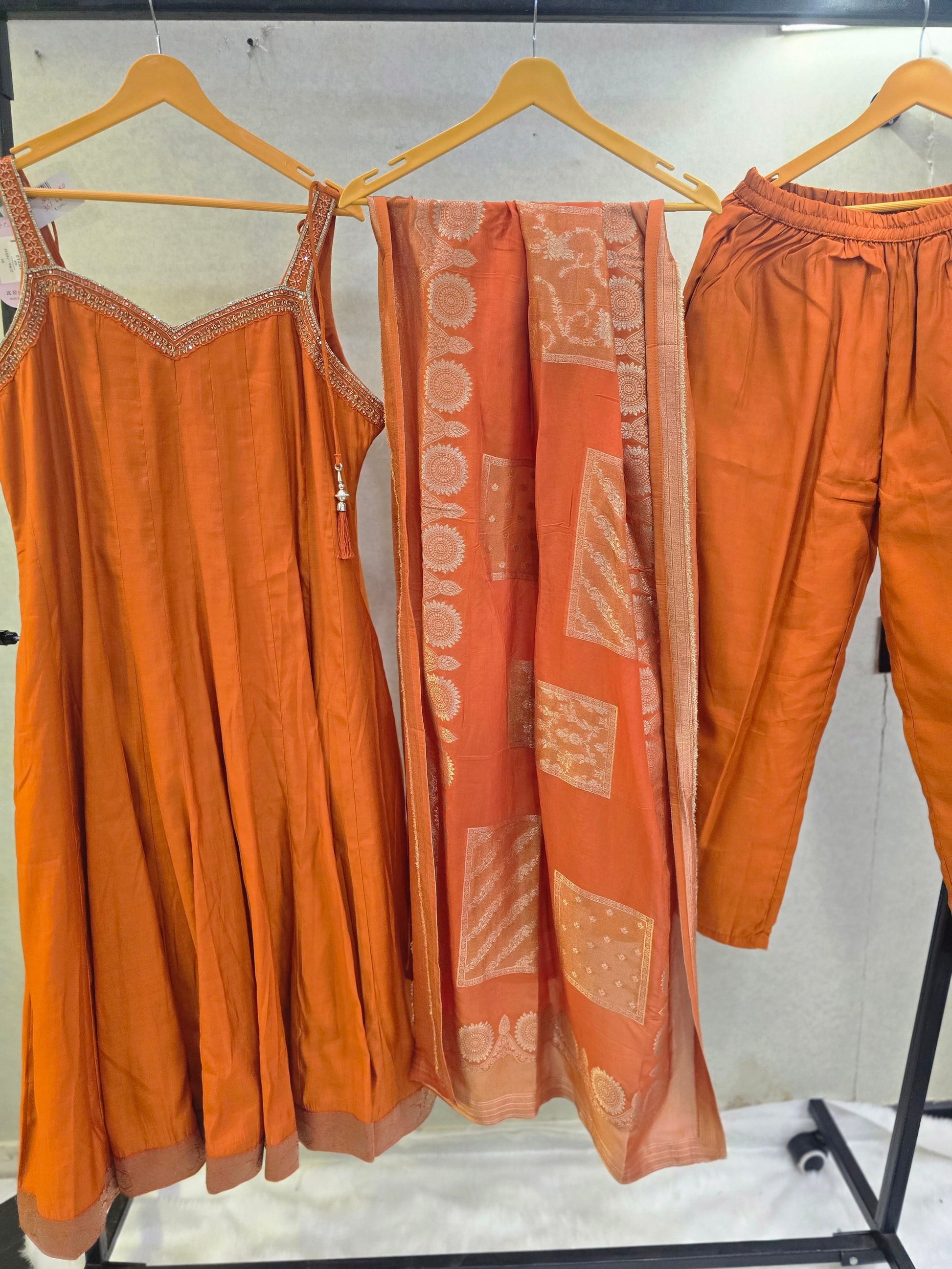 Rust Orange Embellished A-Line Kurta Set with Printed Dupatta | Premium 3 Piece Ethnic Suit