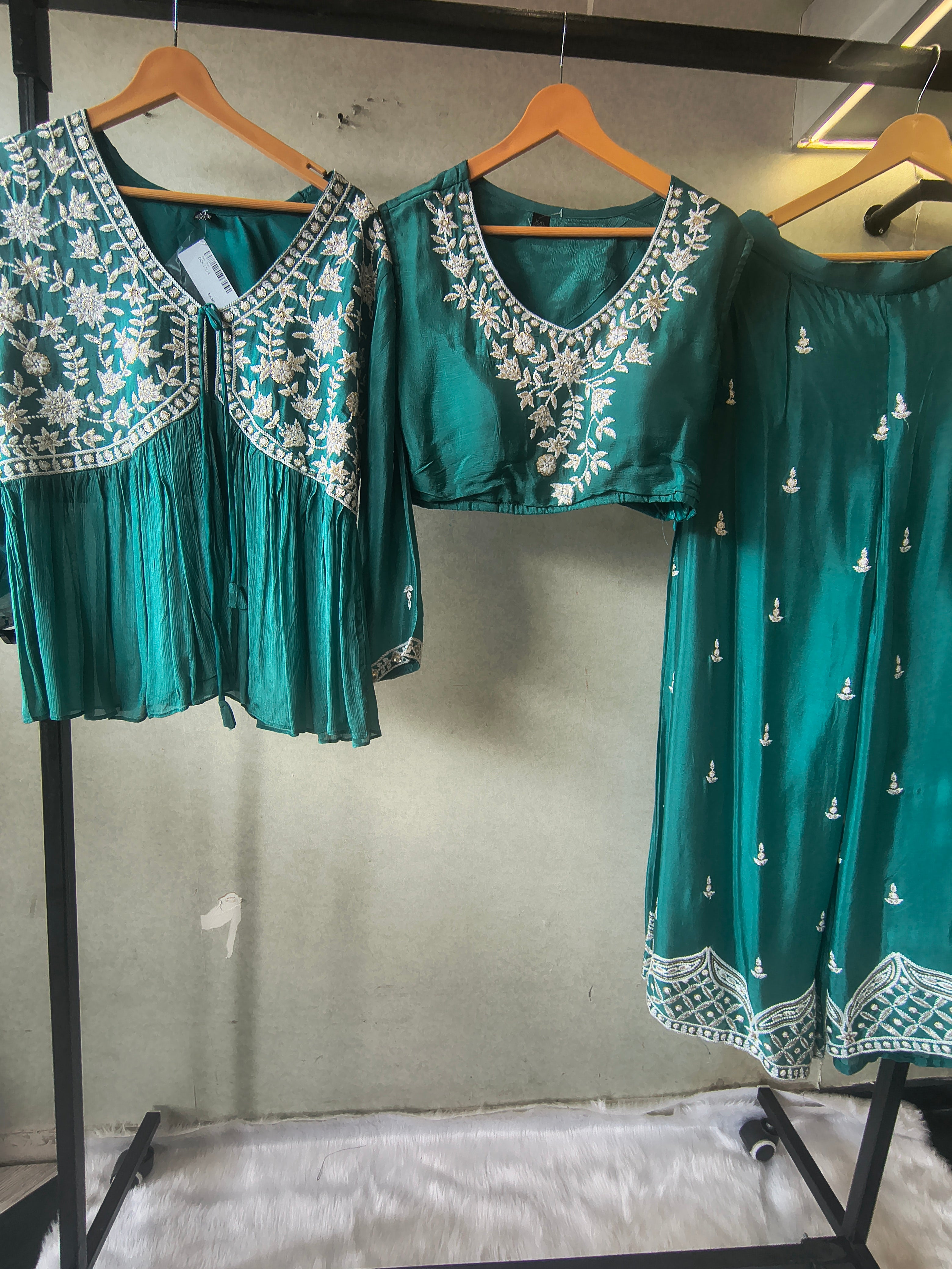 Image of Emerald Green Embroidered Peplum Jacket with Blouse & Flared Palazzo – Designer 3 Piece Indo-Western Set