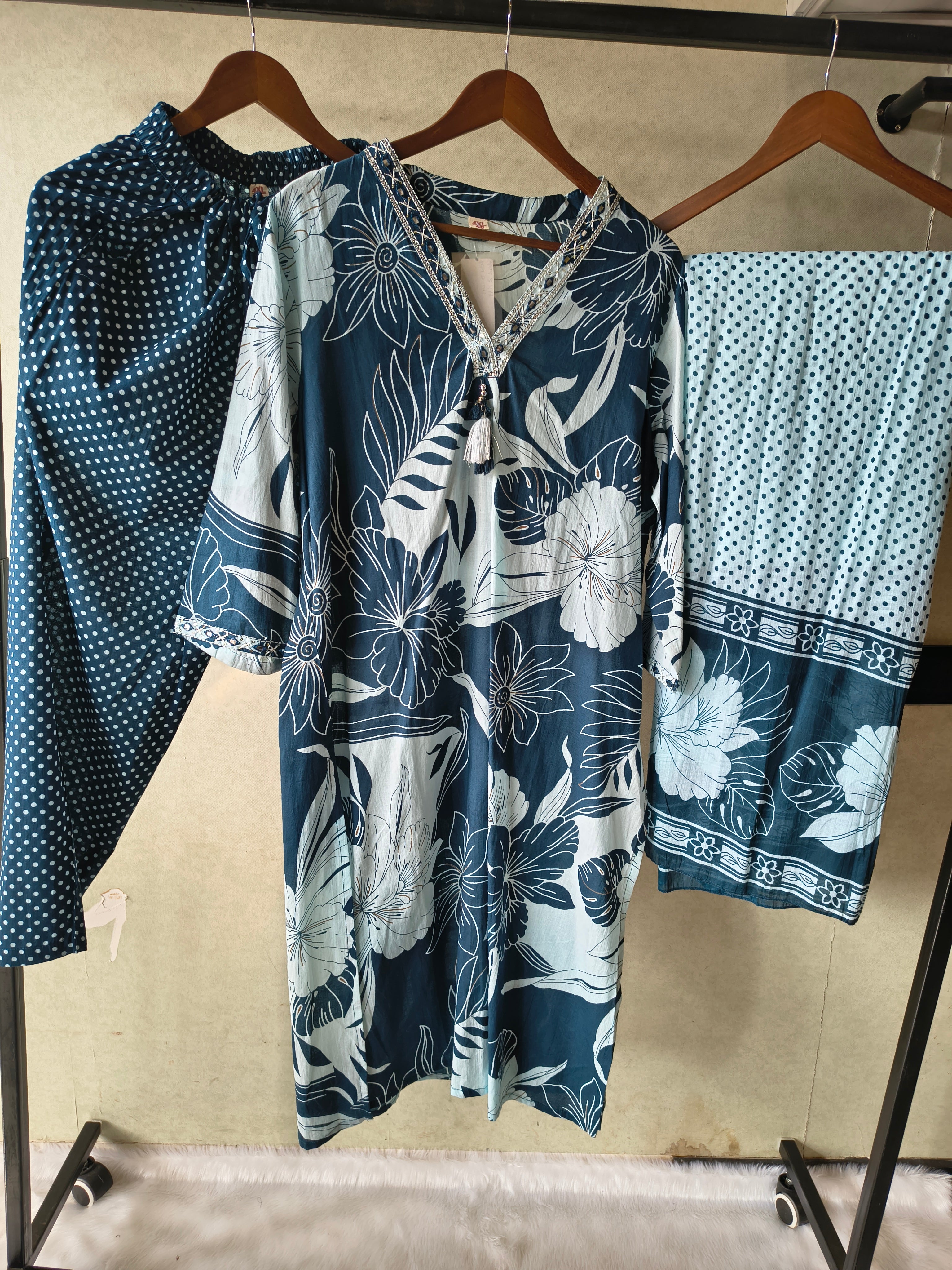 Image of Premium Navy Blue Floral Printed Kurta Set with Polka Dot Pants & Printed Dupatta