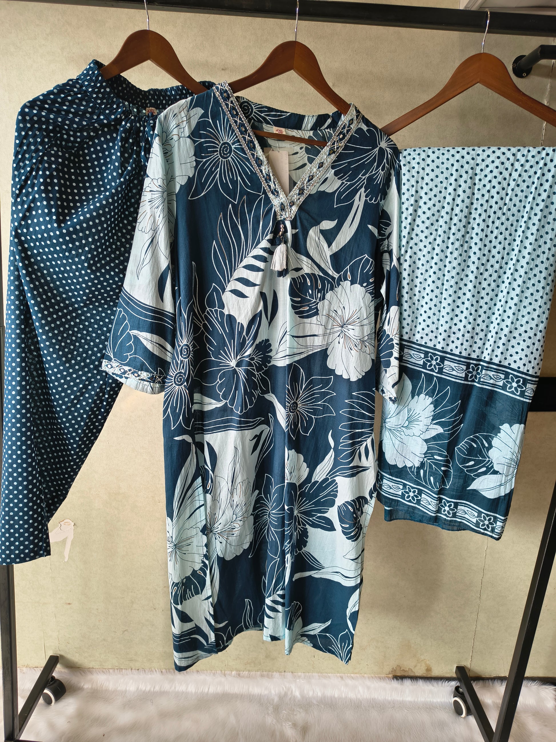 Premium Navy Blue Floral Printed Kurta Set with Polka Dot Pants & Printed Dupatta