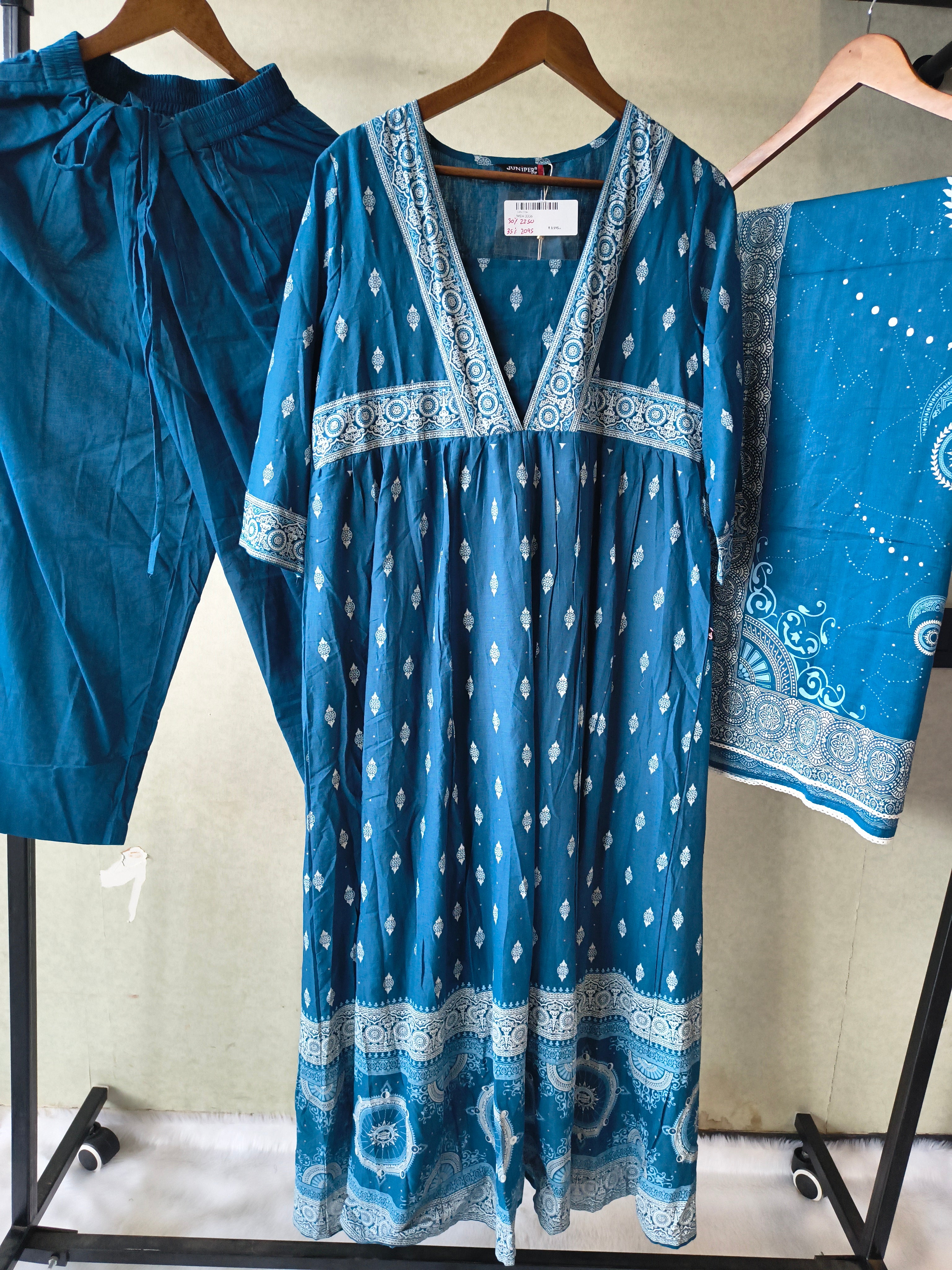 Image of Juniper Premium Teal Blue Printed Cotton Kurta Set with Solid Pants & Printed Dupatta