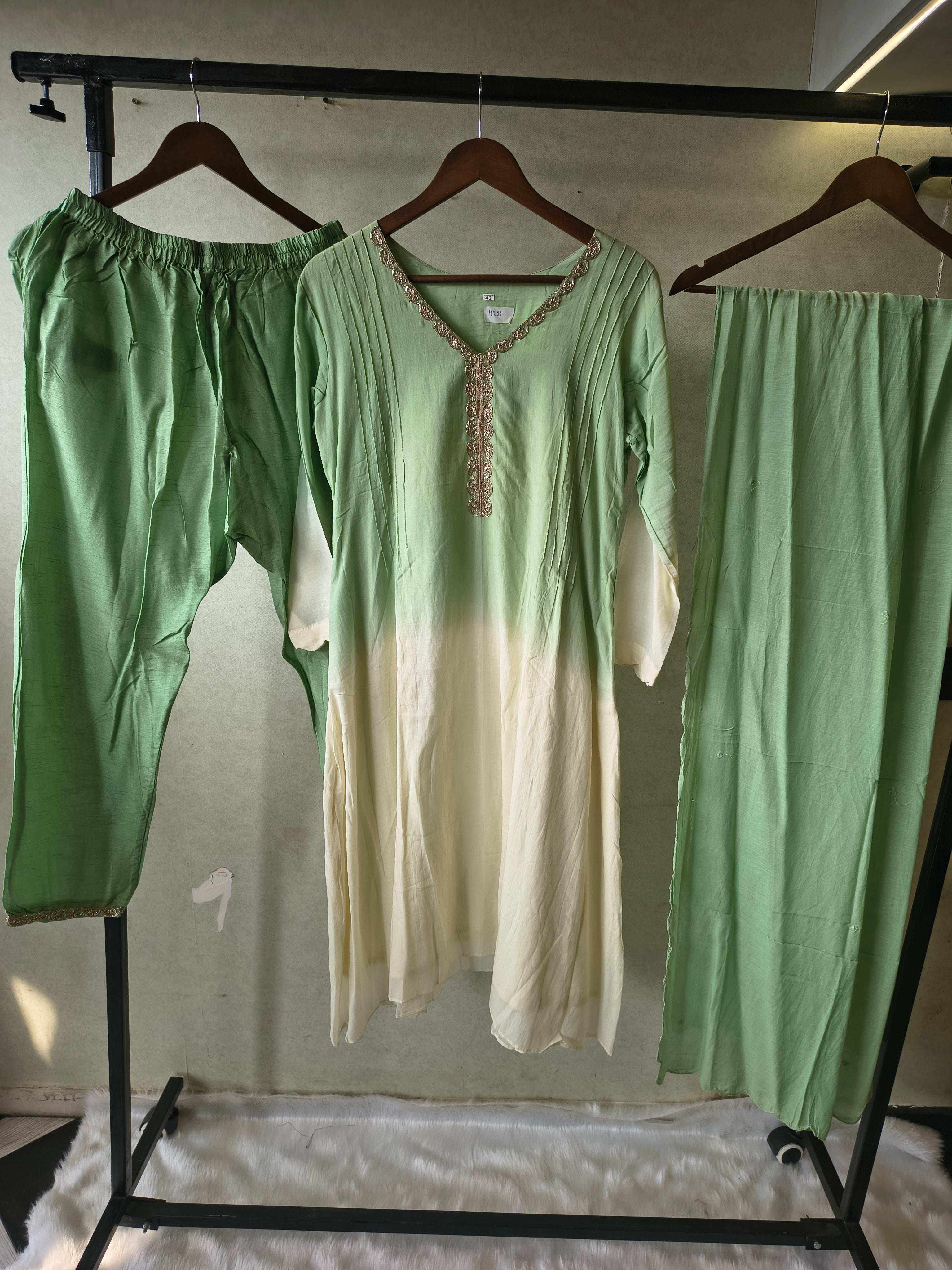 Image of Mint Green Ombre Silk Blend Kurta Set with Embellished Neckline & Matching Dupatta – Premium 3 Piece Ethnic Ensemble