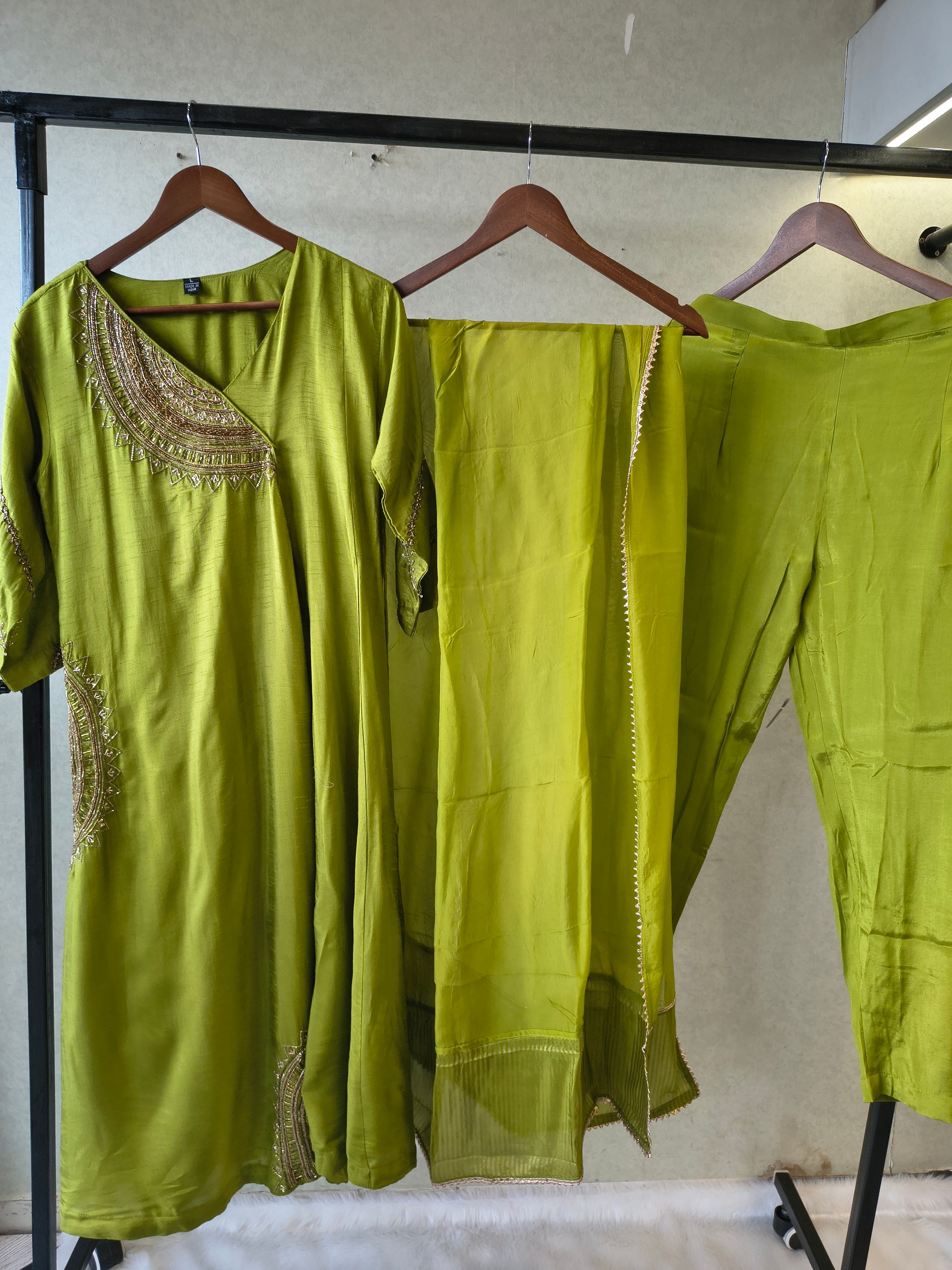 Lime Green Hand-Embroidered Designer Kurta Set with Organza Dupatta | Premium 3 Piece Ethnic Suit