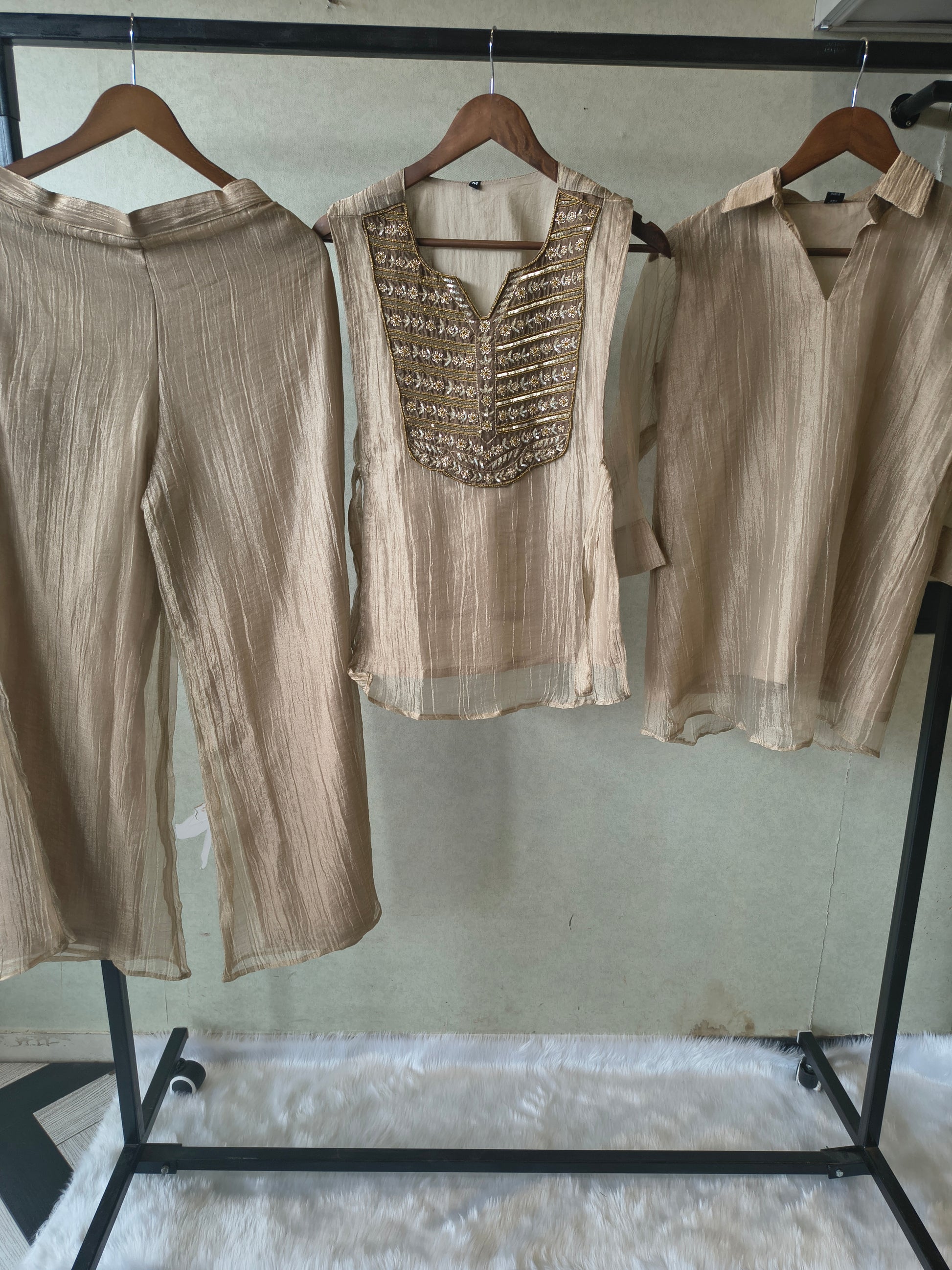 Premium Champagne Gold Tissue Silk 3-Piece Co-Ord Set with Antique Zari Embroidered Jacket, Inner & Palazzo