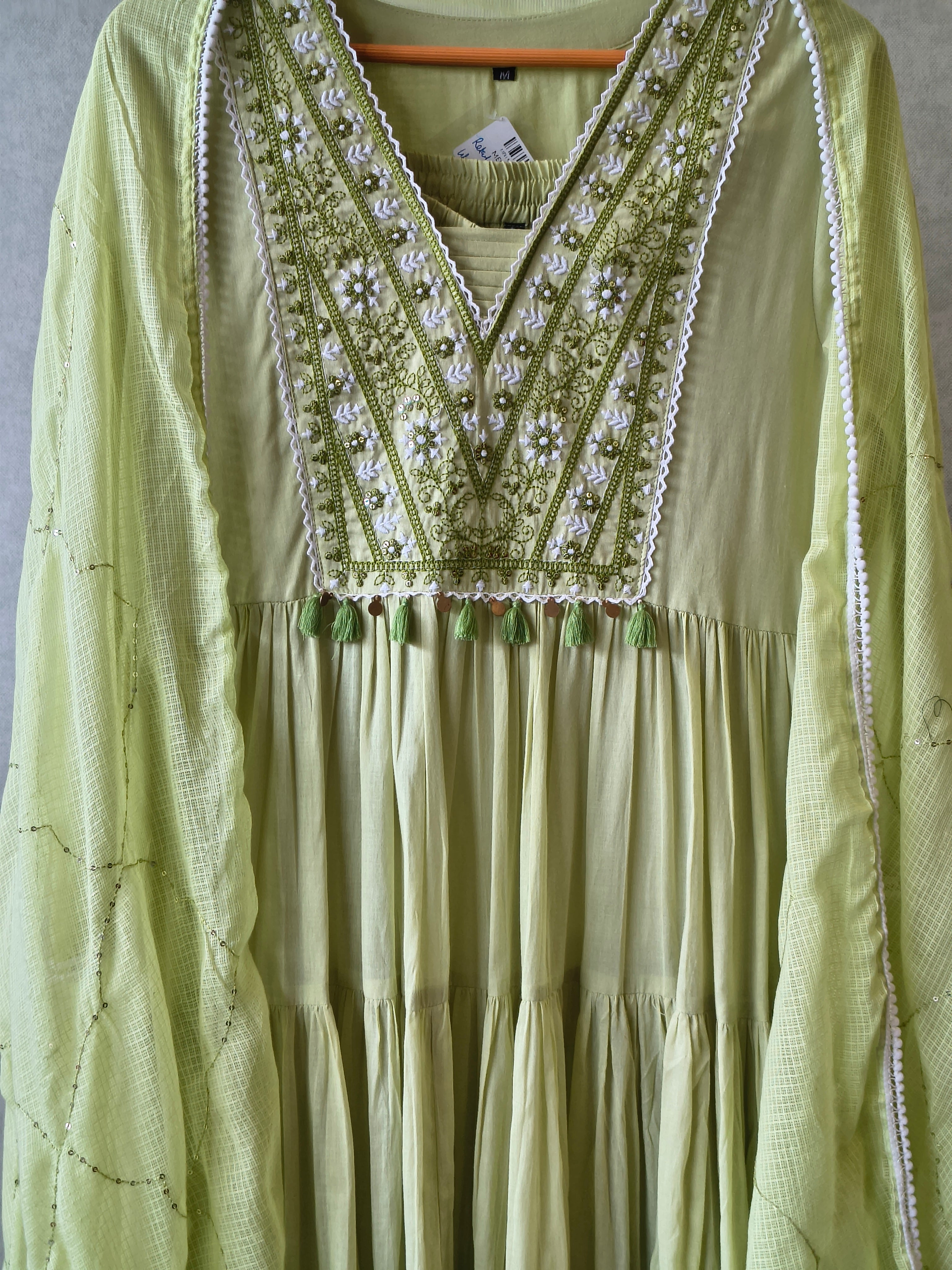 Image of Lime Green Cotton Tiered Kurta Set with Embroidered Yoke & Quilted Dupatta