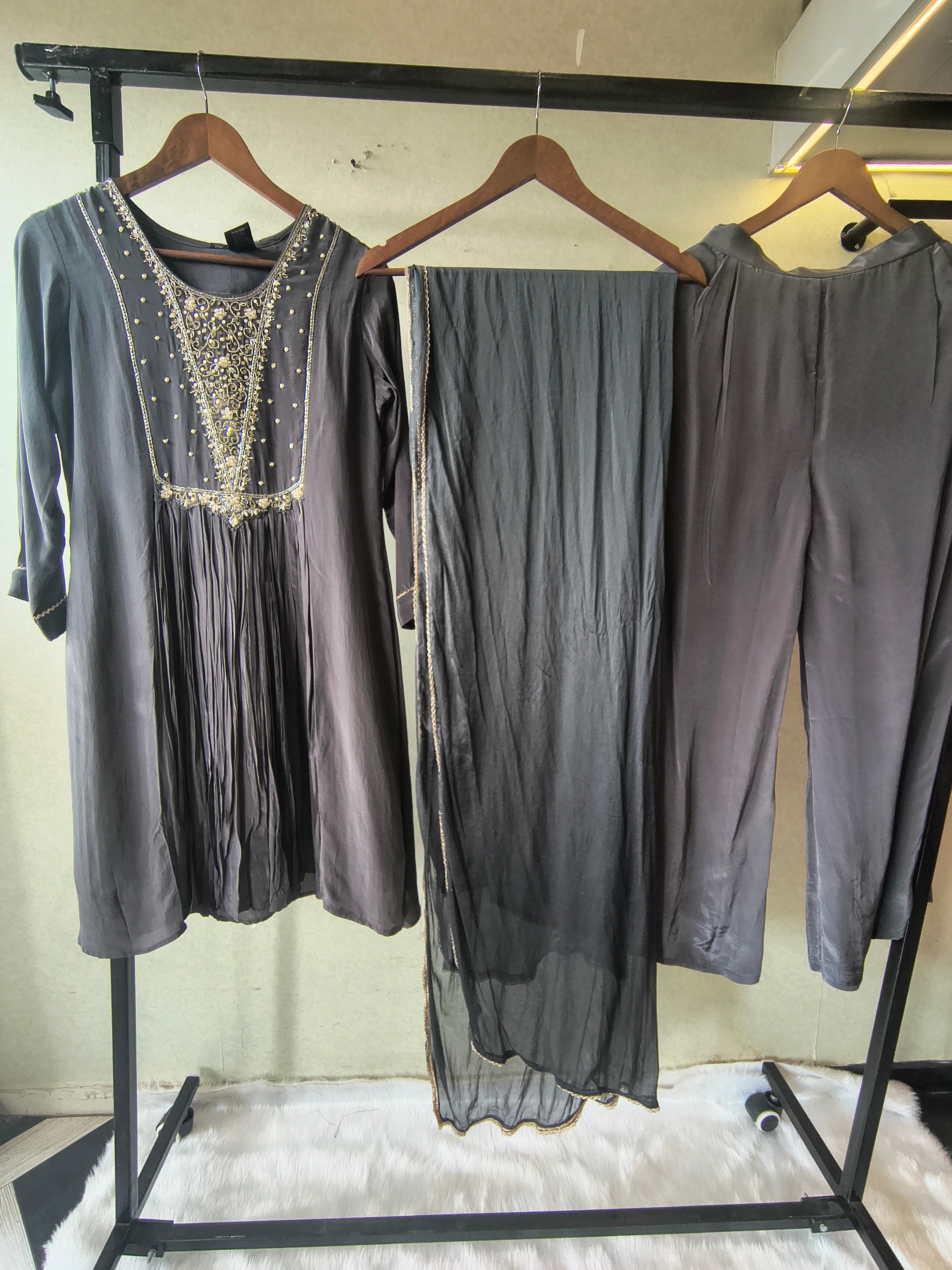 Image of Charcoal Grey Hand Embroidered Anarkali Kurta Set with Churidar Pants & Sheer Dupatta – Premium 3 Piece Festive Ensemble