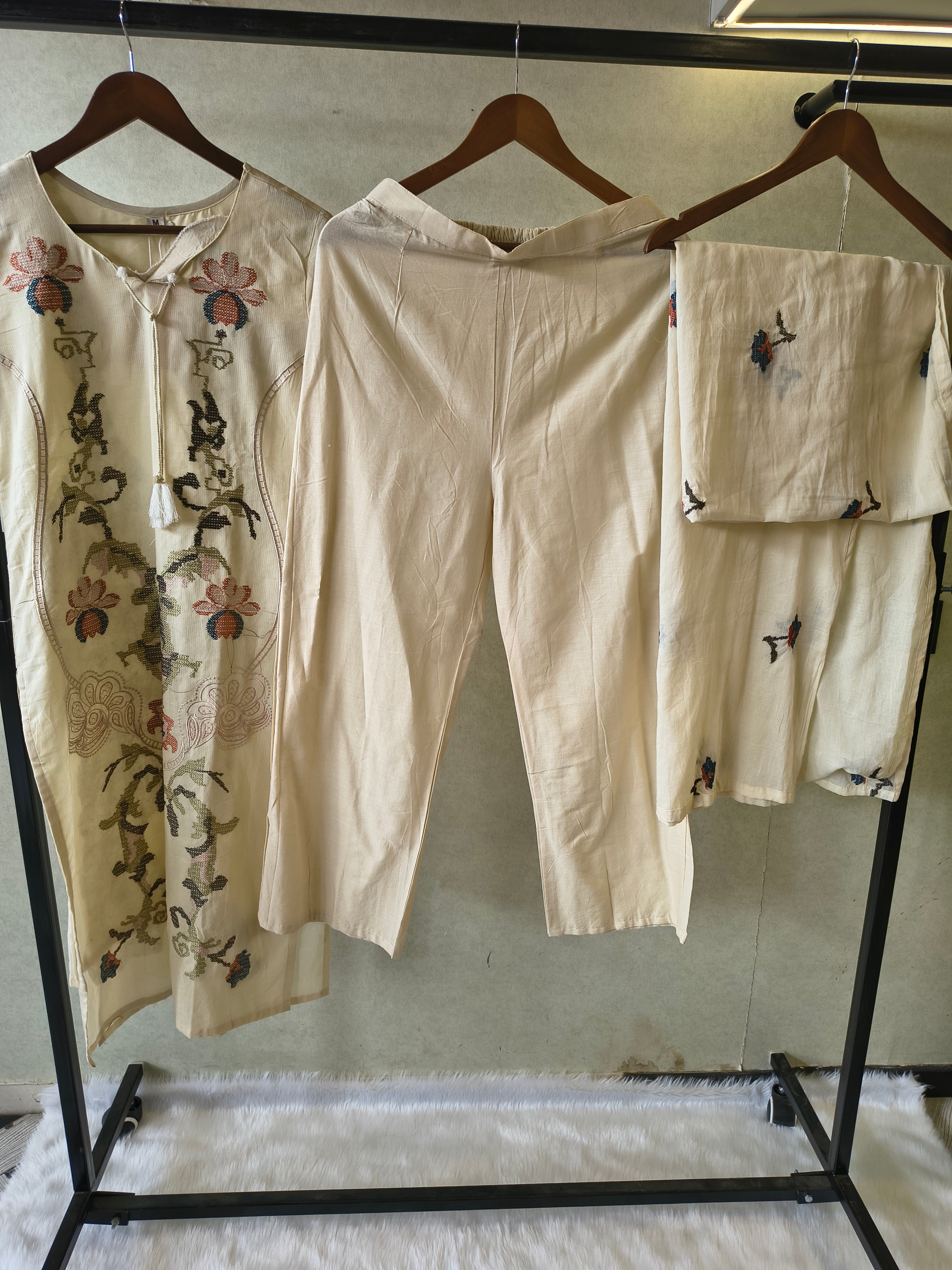 Image of Ivory Cotton 3-Piece Suit Set with Floral Vine Embroidery & Embroidered Dupatta