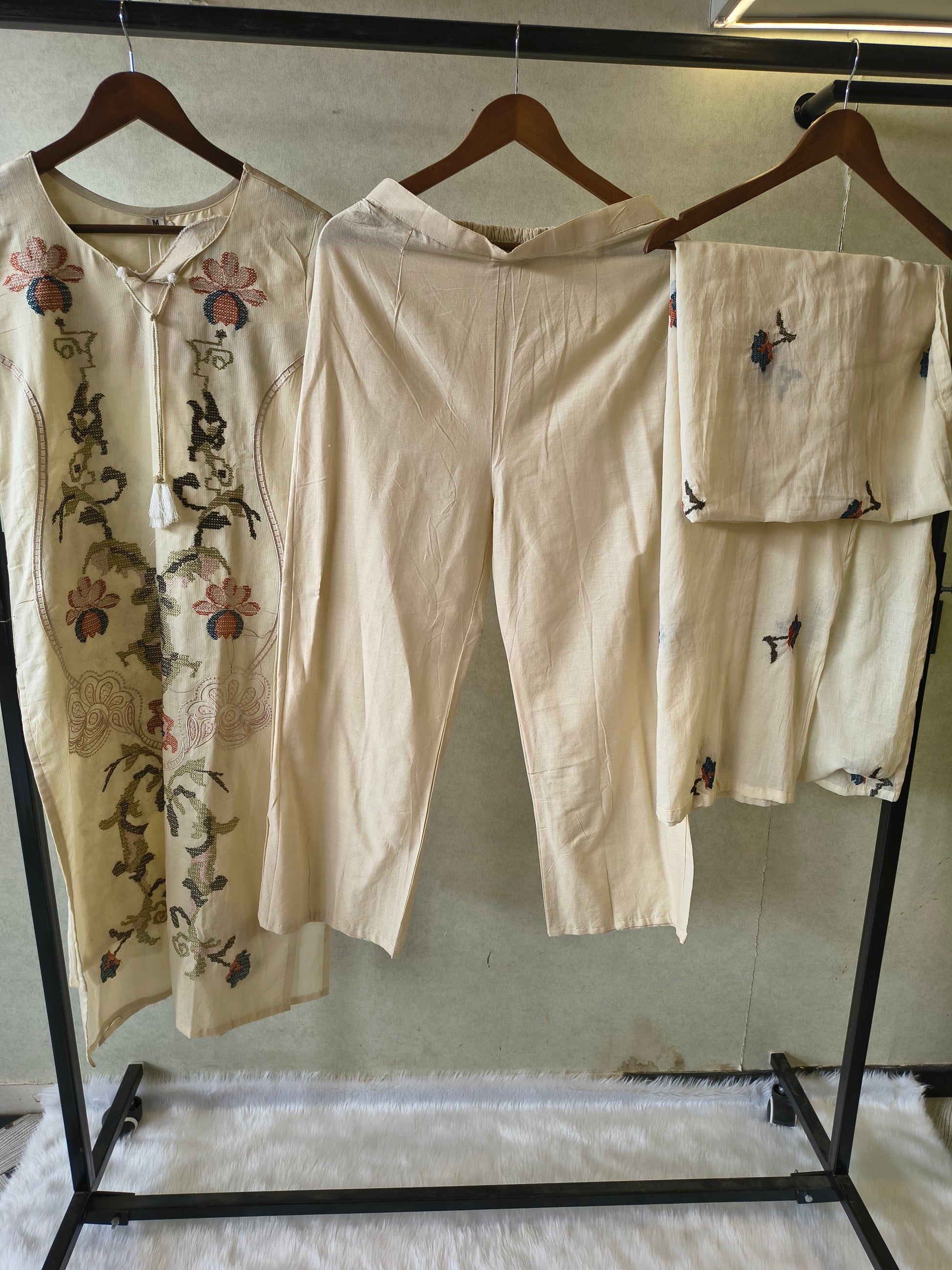 Ivory Cotton 3-Piece Suit Set with Floral Vine Embroidery & Embroidered Dupatta