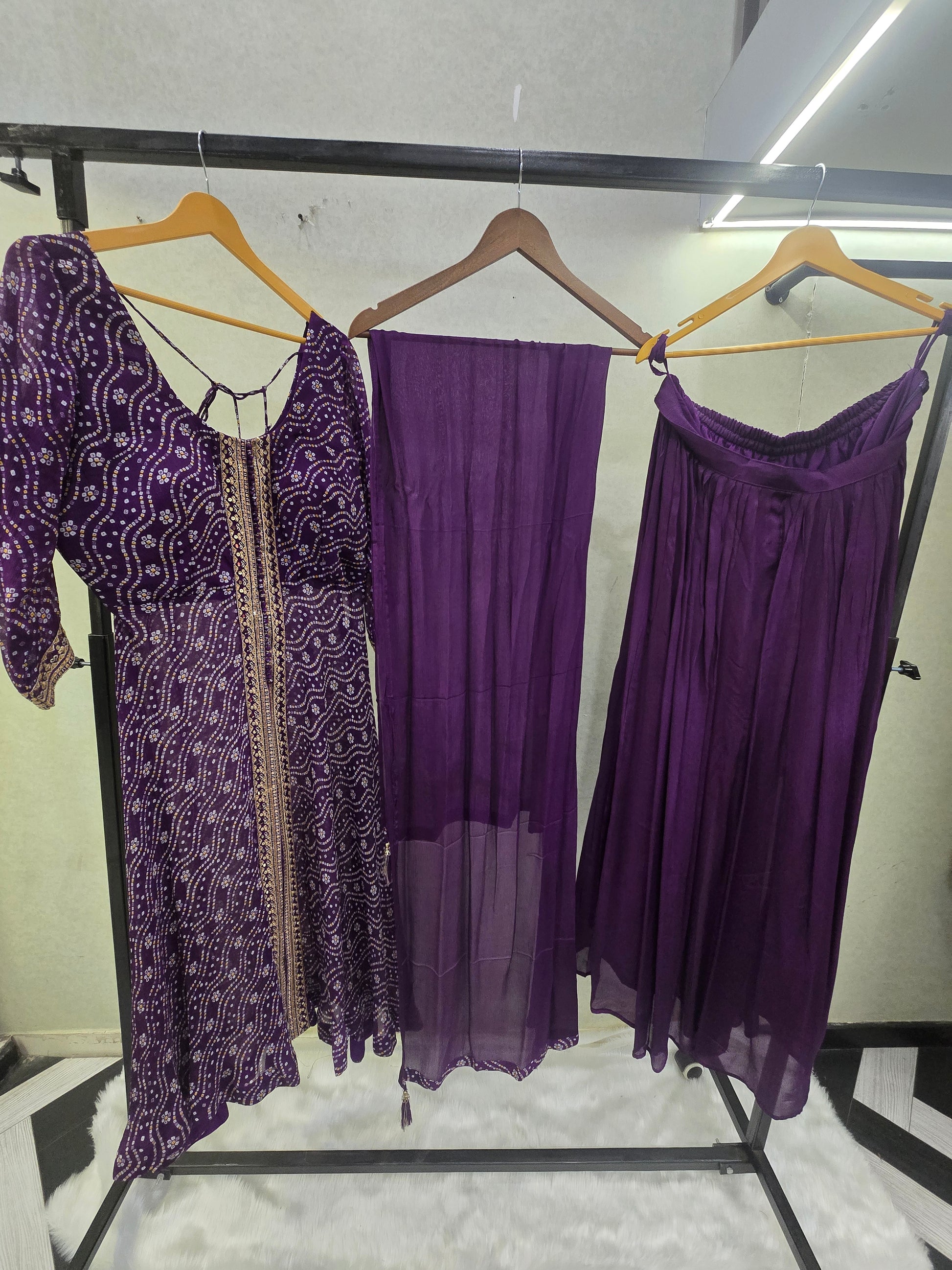 Royal Purple Bandhani Print Anarkali Kurta Set with Embellished Front Panel & Flared Palazzo | Premium 3 Piece Festive Ensemble