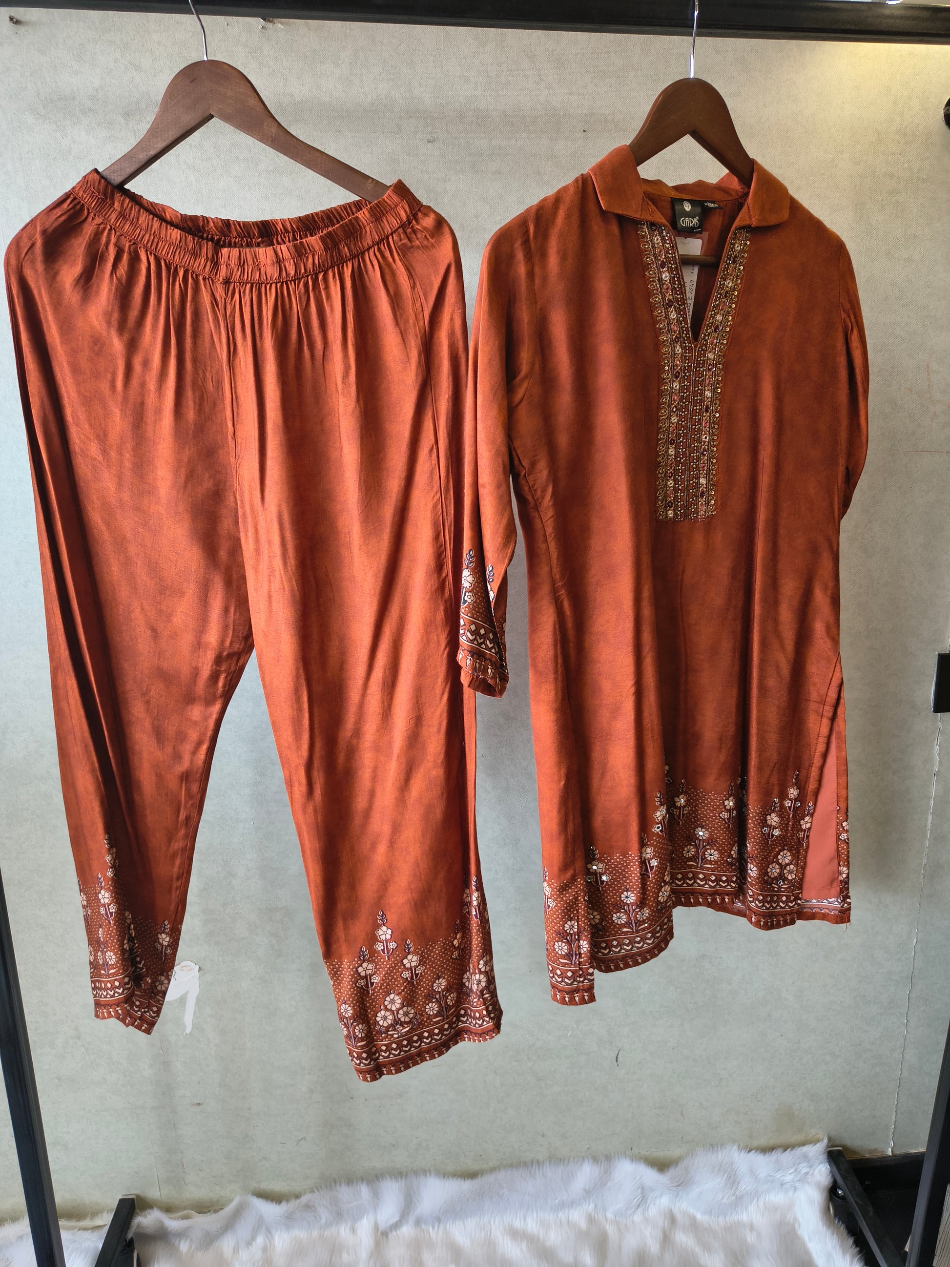 Rust Brown Designer Ethnic Co-Ord Set with Embellished Neckline & Printed Borders