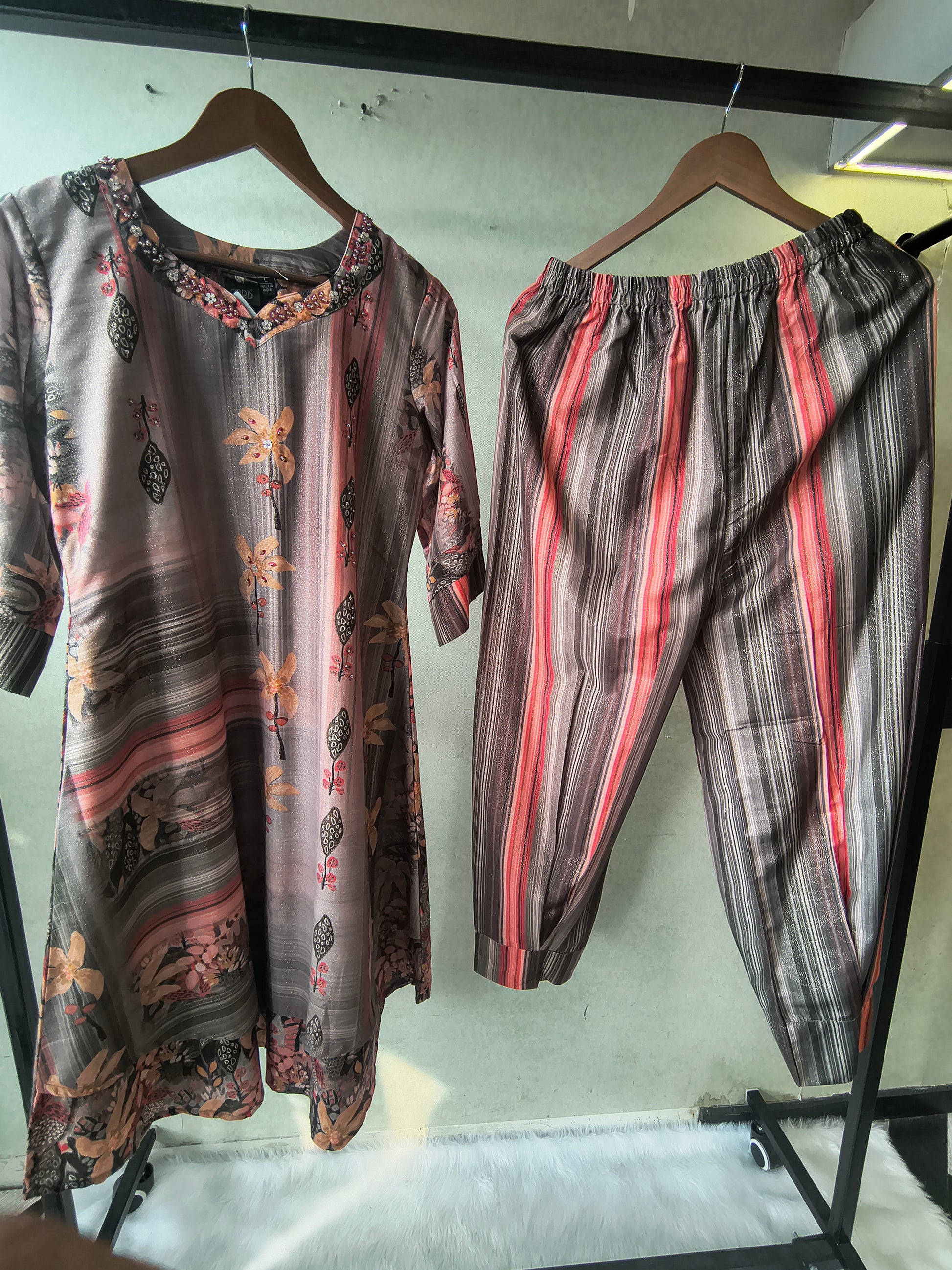 Premium Smoky Grey Artistic Printed Kurta with Striped Tapered Pants Co-Ord Set