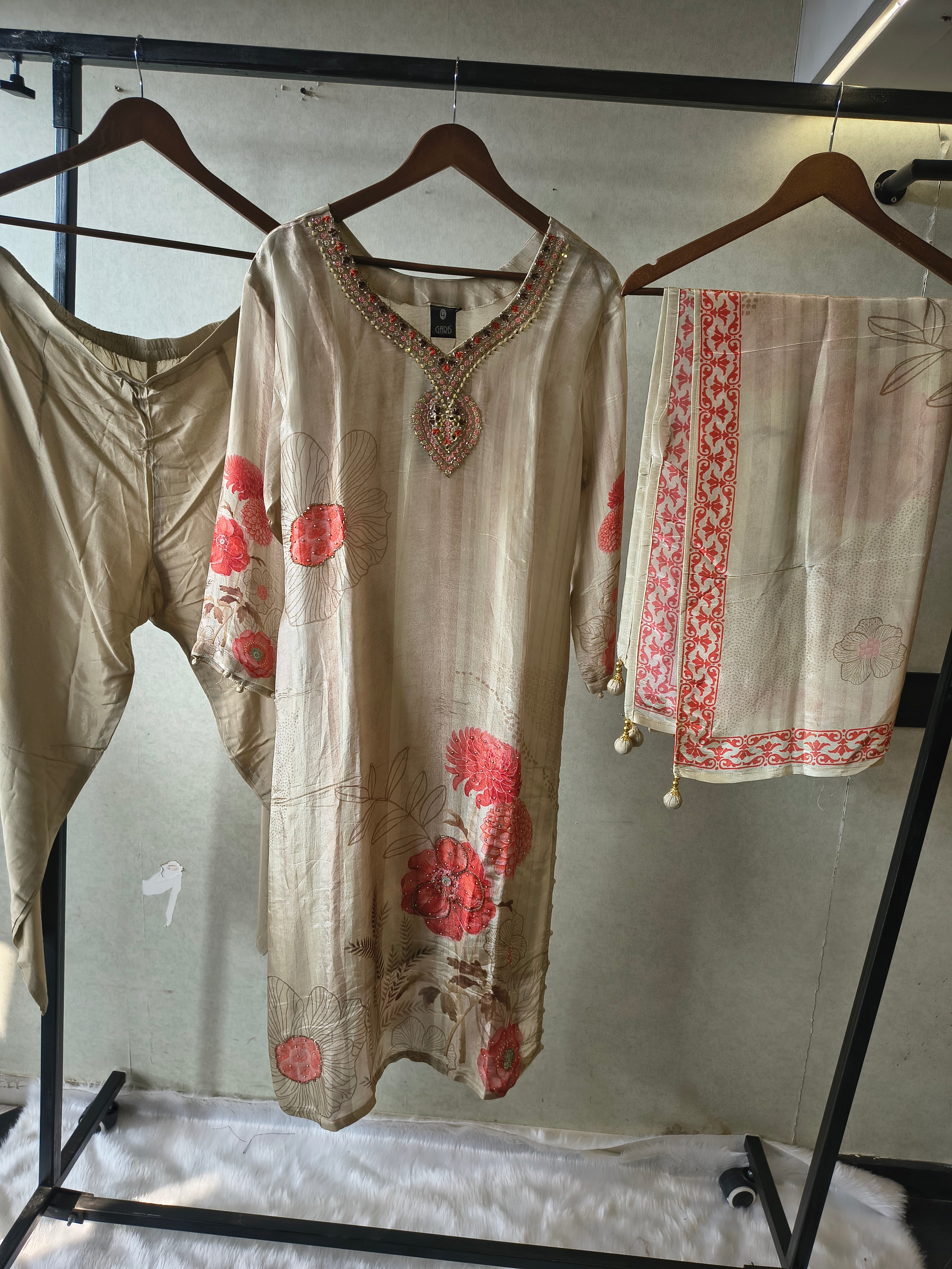 Image of Beige Floral Printed Silk Blend Kurta Set with Hand-Embellished Neckline & Designer Dupatta – Premium 3 Piece Ethnic Ensemble