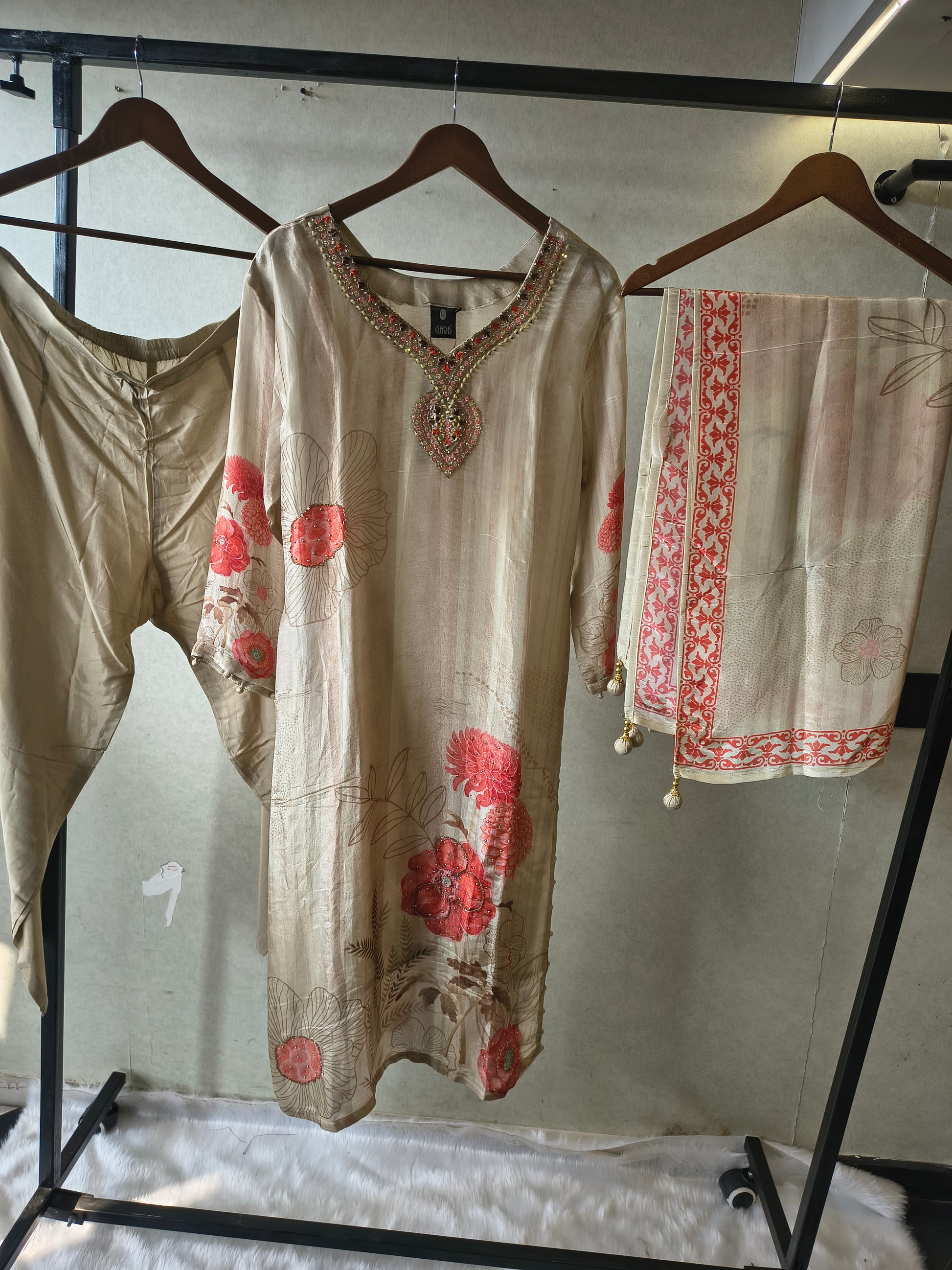 Beige Floral Printed Silk Blend Kurta Set with Hand-Embellished Neckline & Designer Dupatta – Premium 3 Piece Ethnic Ensemble