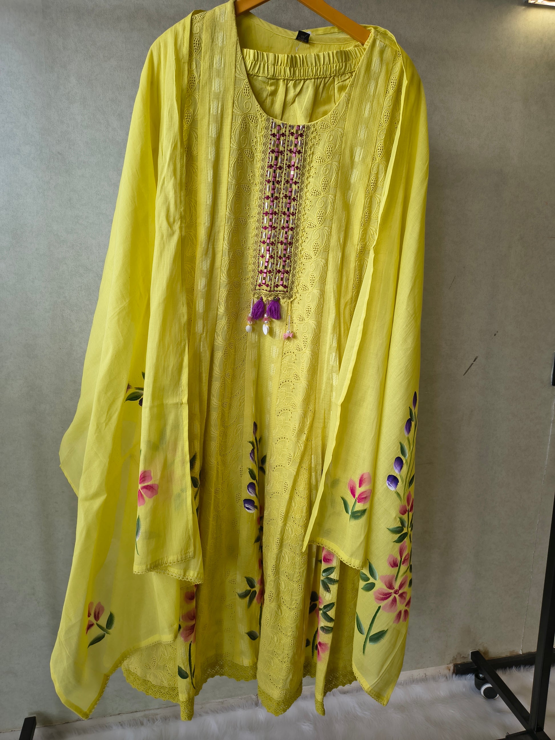 Premium Sunshine Yellow Schiffli Embroidered Kurta Set with Floral Handwork & Dupatta