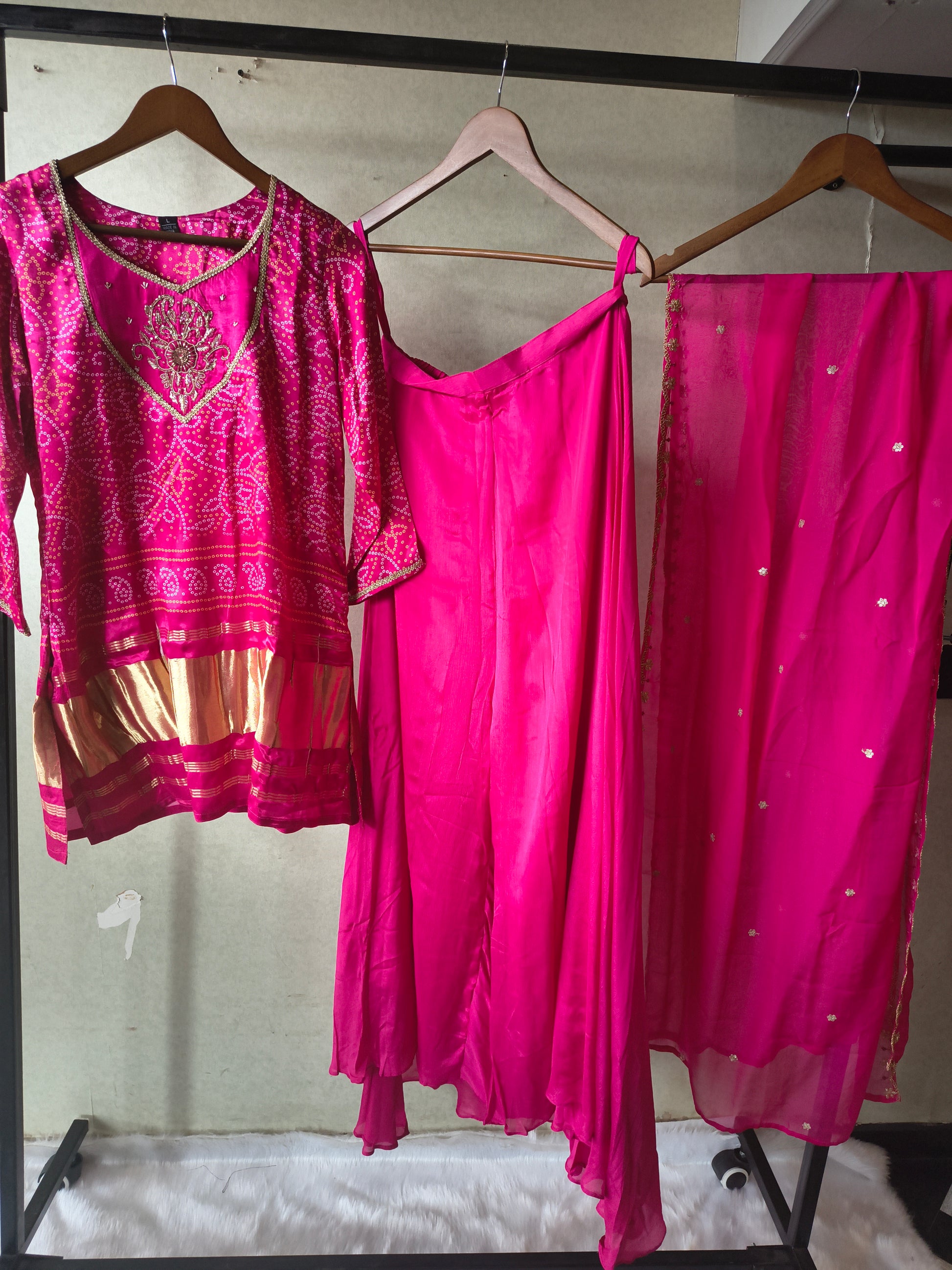 Rani Pink Bandhani Sharara Set with Zari Border & Embroidered Dupatta – Premium 3 Piece Festive Ensemble