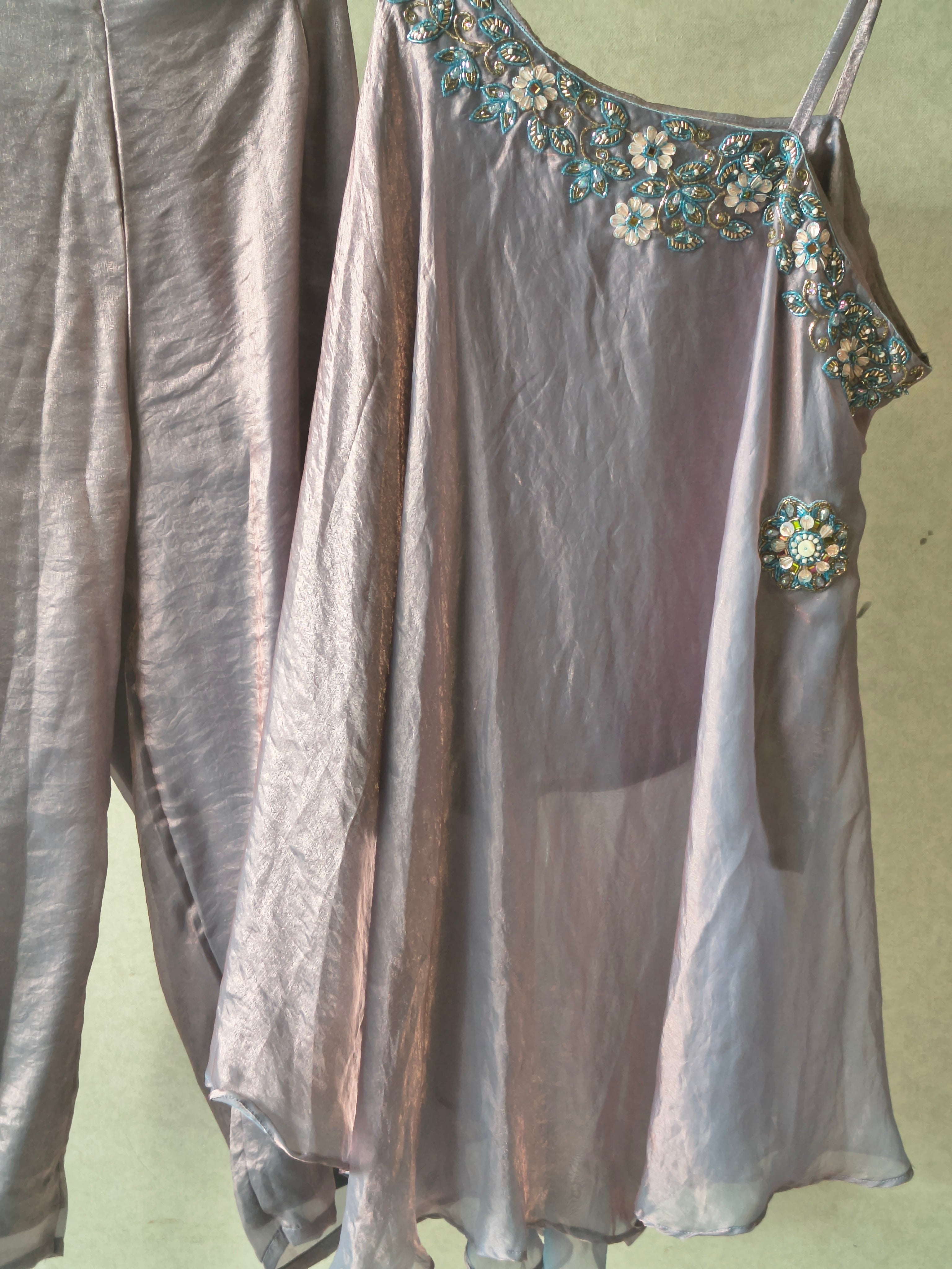 Image of Designer Lilac One-Shoulder Cape Top with Draped Tulip Pants – Luxury Indo-Western Co-Ord Set