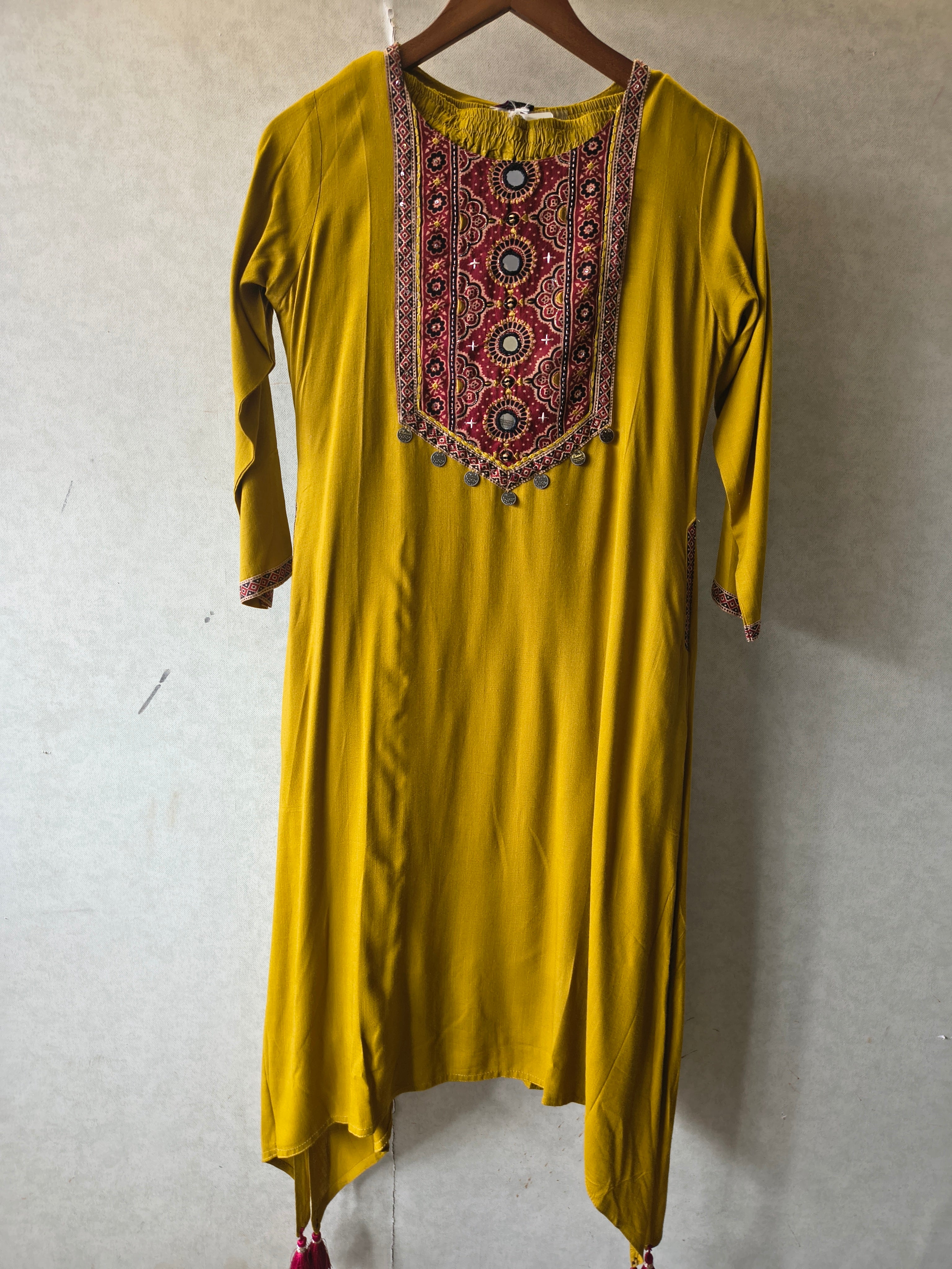 Image of Premium Mustard Ethnic Printed Yoke Kurta Pant Co-Ord Set with Tassel Hem