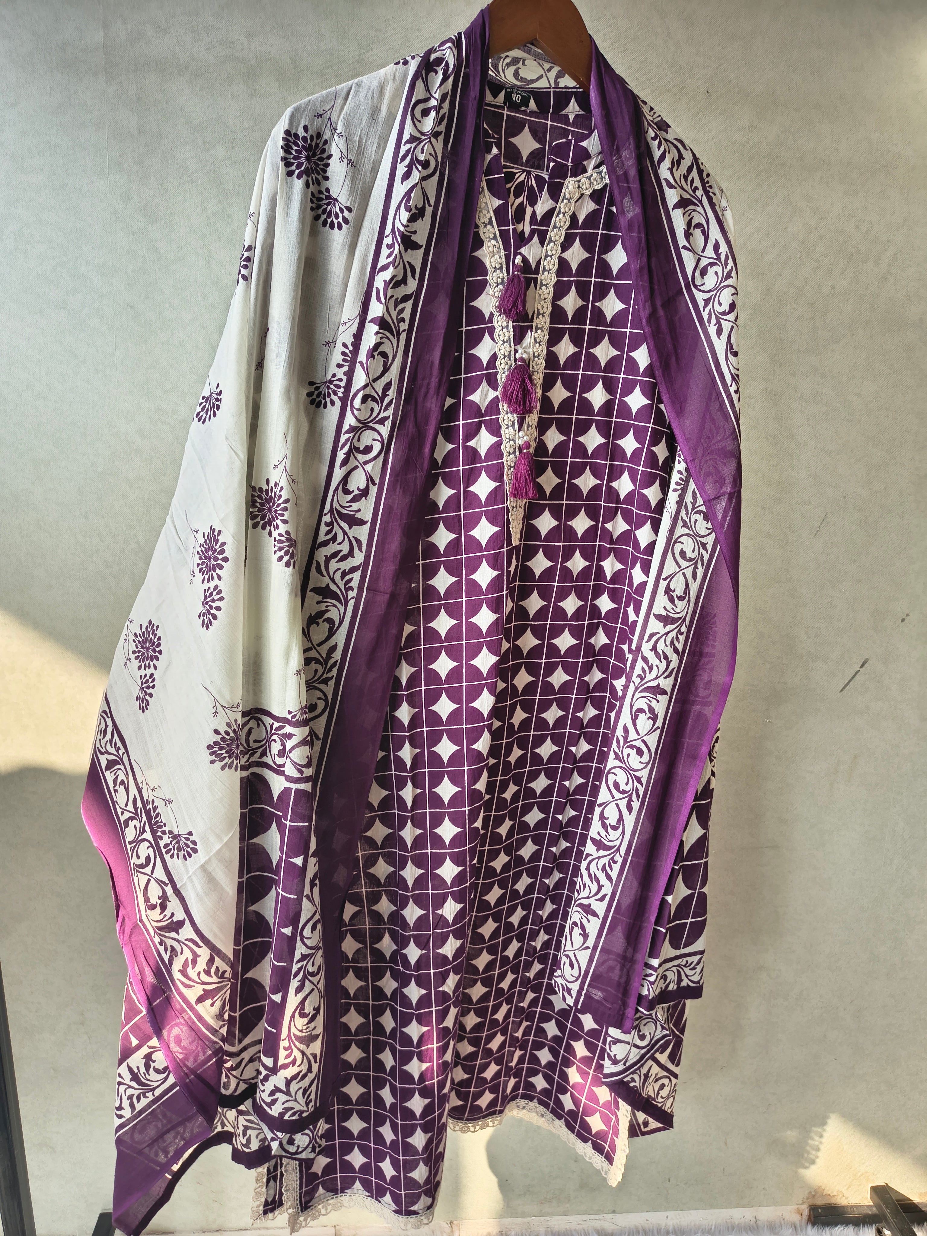 Image of Premium Plum Geometric Printed Cotton Kurta Set with Floral Printed Pants & Dupatta