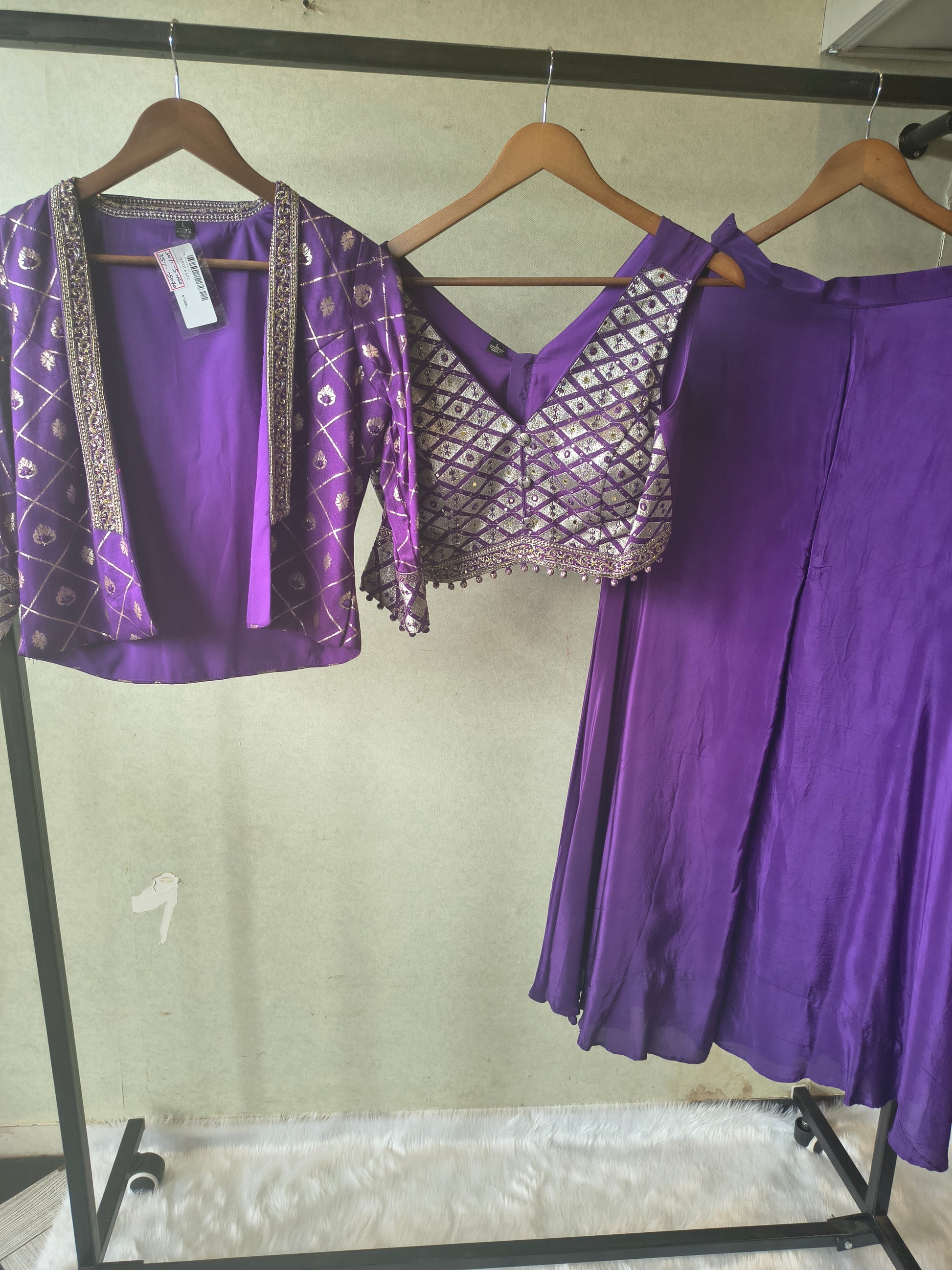 Royal Purple Mirror Embellished Blouse with Printed Jacket & Flared Palazzo – 3 Piece Designer Indo-Western Set