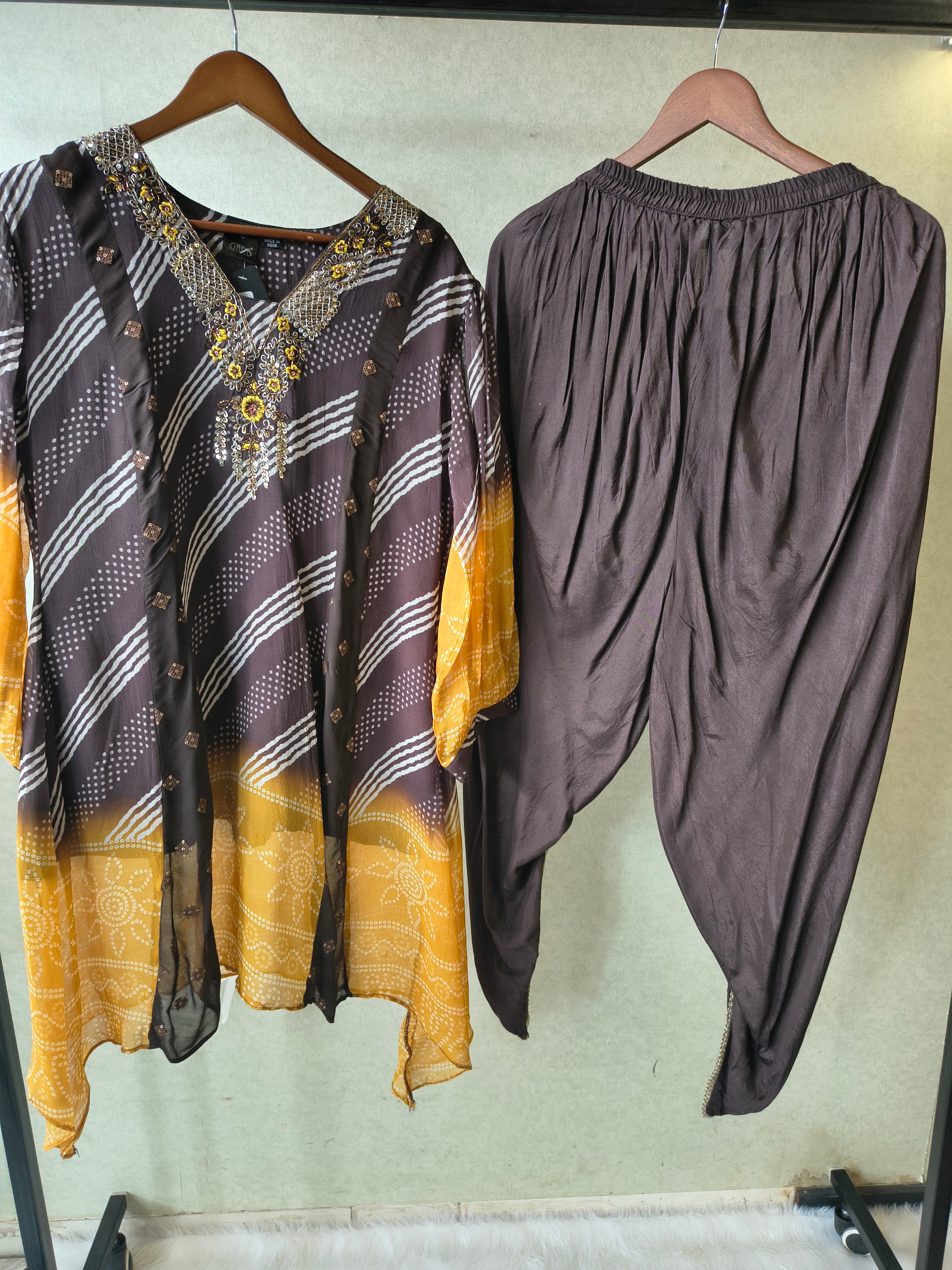 Image of Premium Charcoal & Mustard Bandhani Print Kaftan Kurta with Dhoti Pants Set