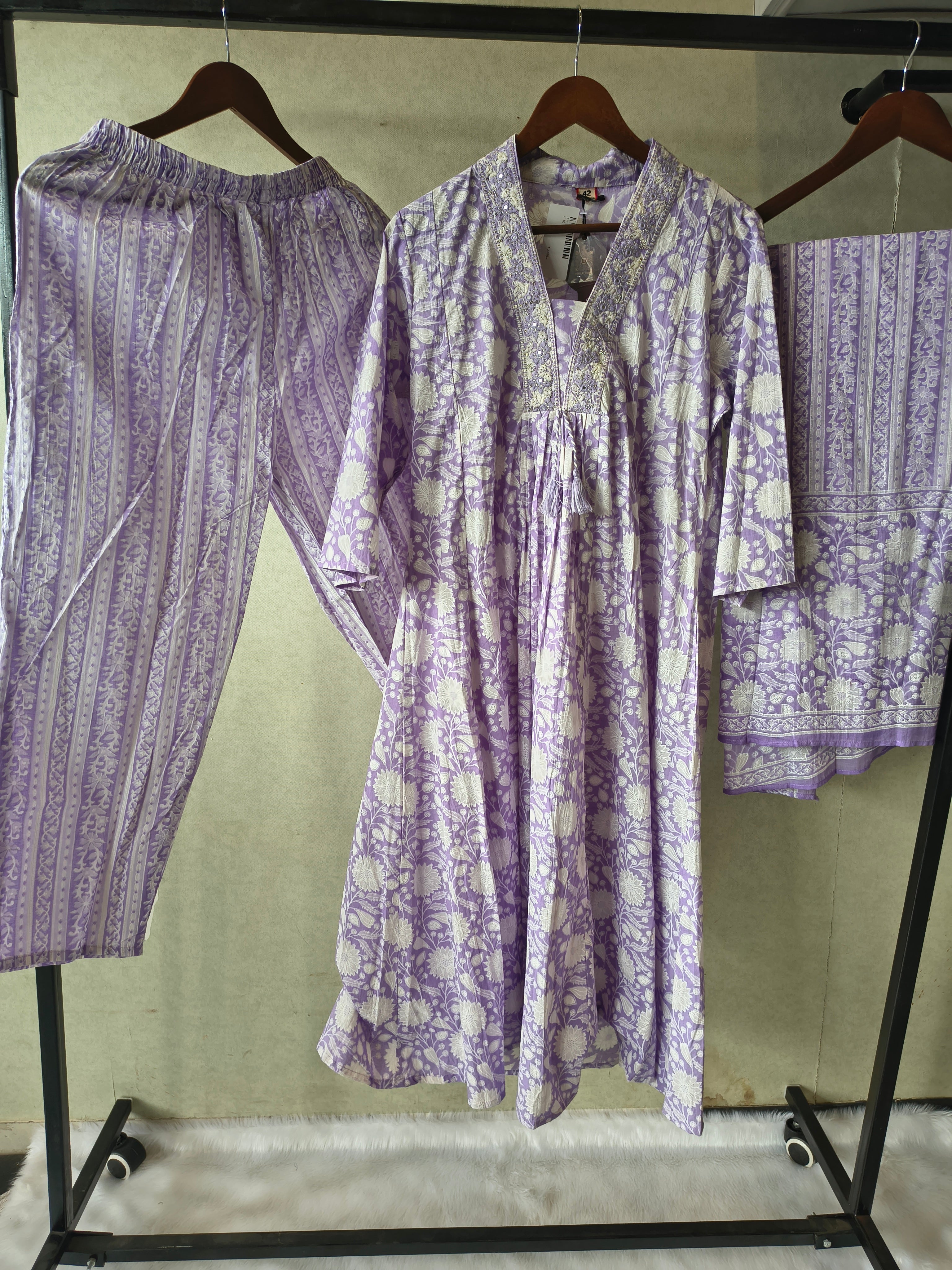 Image of Premium Lavender Floral Printed Cotton Anarkali Kurta Set with Striped Pants & Printed Dupatta