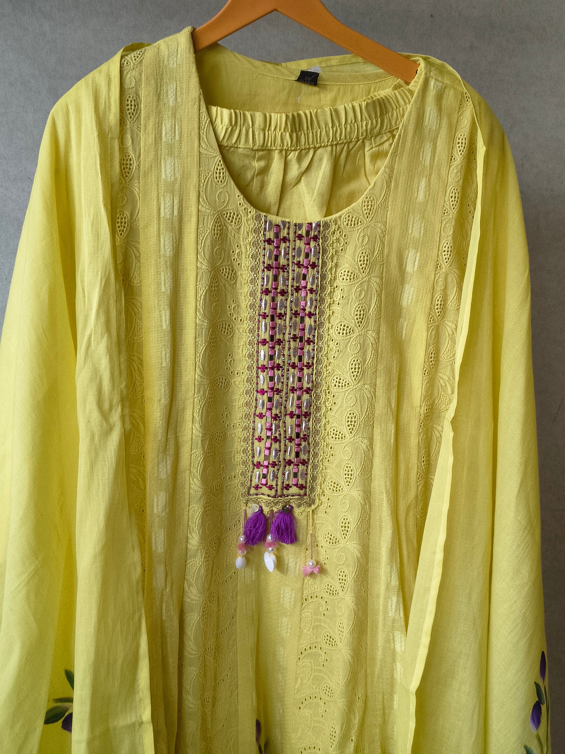 Premium Sunshine Yellow Schiffli Embroidered Kurta Set with Floral Handwork & Dupatta