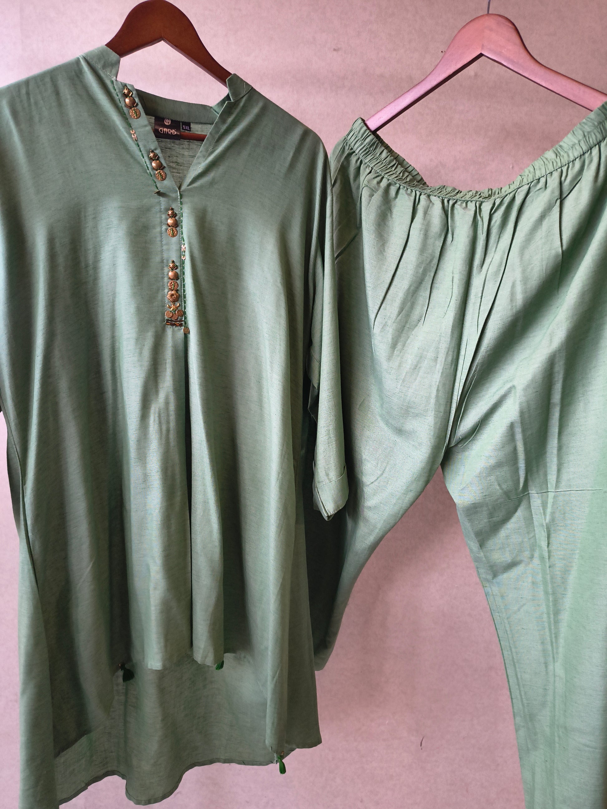 Premium Sage Green Designer Co-Ord Kurta Set with Antique Button Detailing