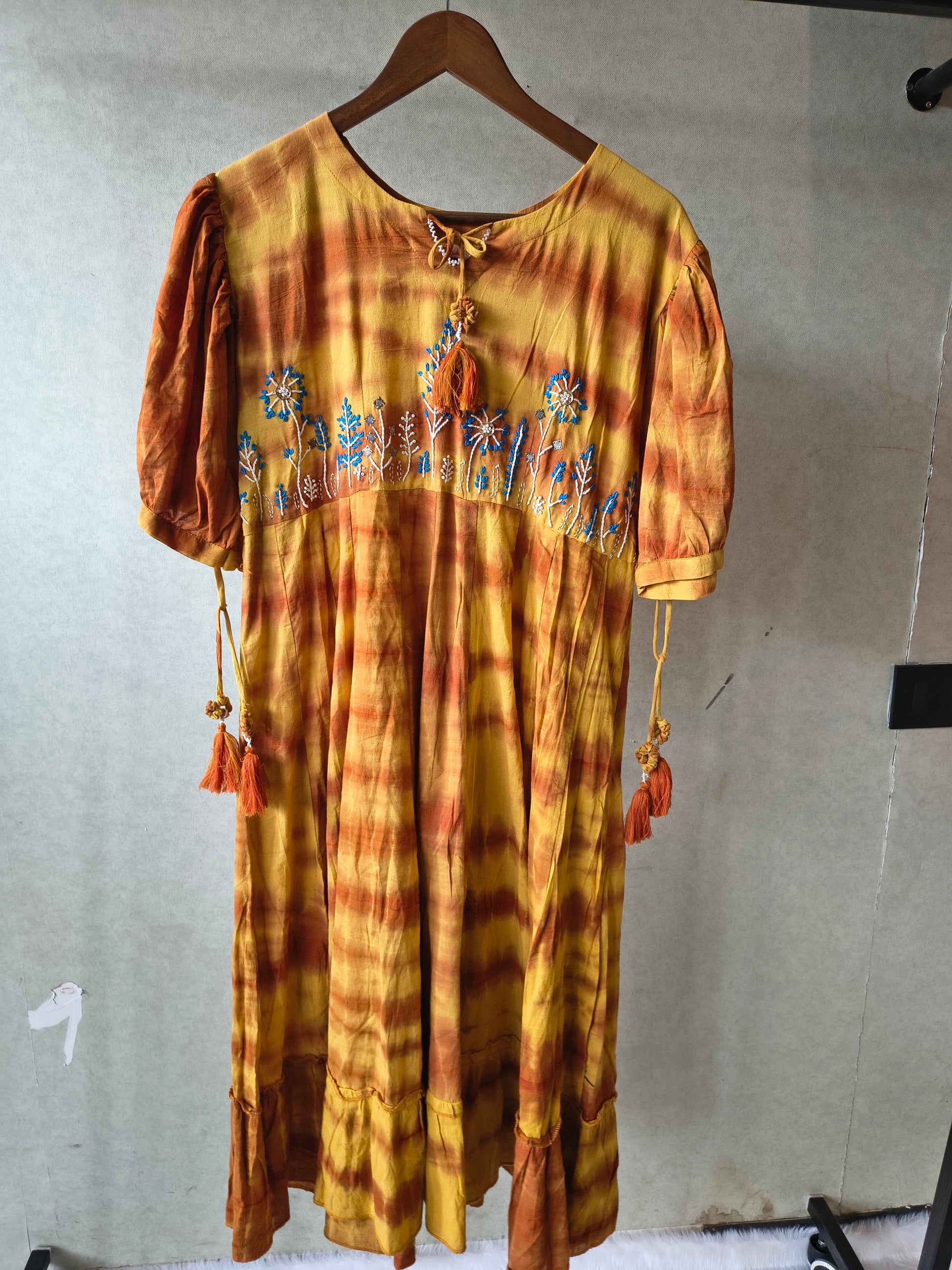Premium Mustard Tie-Dye Embroidered Cotton Flared Dress