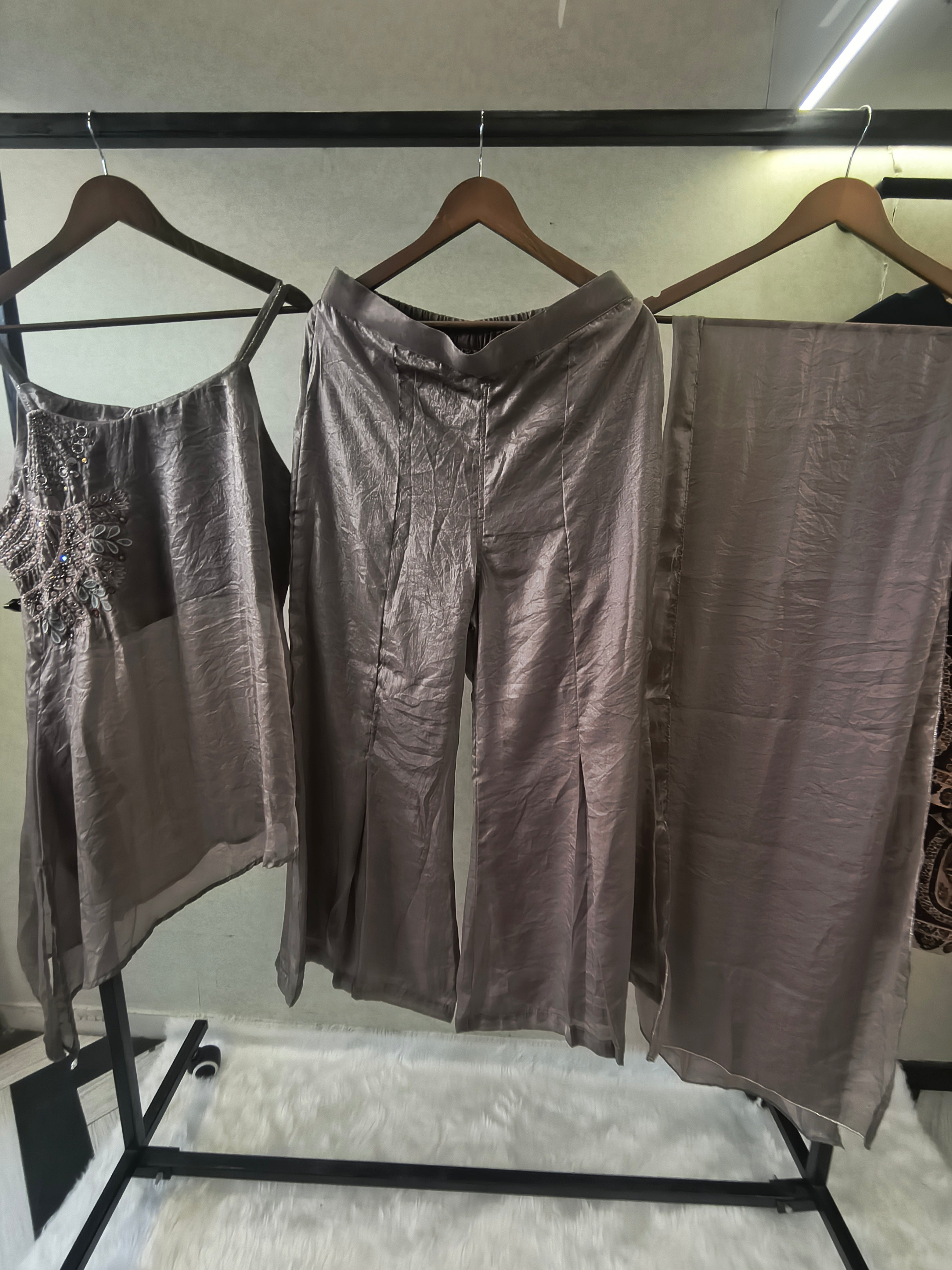 Image of Steel Grey Asymmetrical Embroidered Indo-Western Kurta Set with Straight Pants & Dupatta – 3 Piece Designer Co-Ord Set