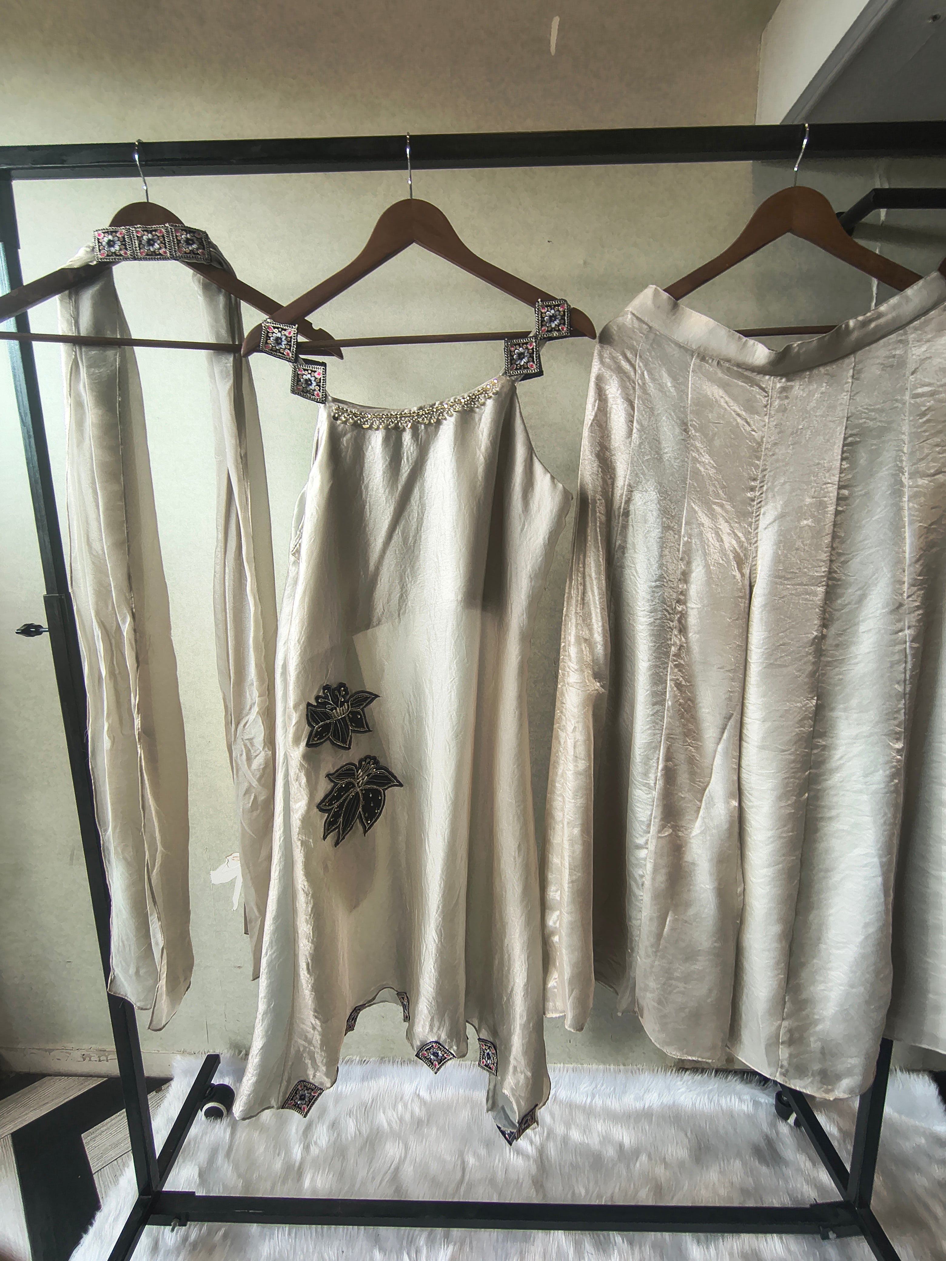 Image of Premium Ivory 3-Piece Designer Indo-Western Palazzo Set with Asymmetrical Embroidered Kurta & Statement Dupatta