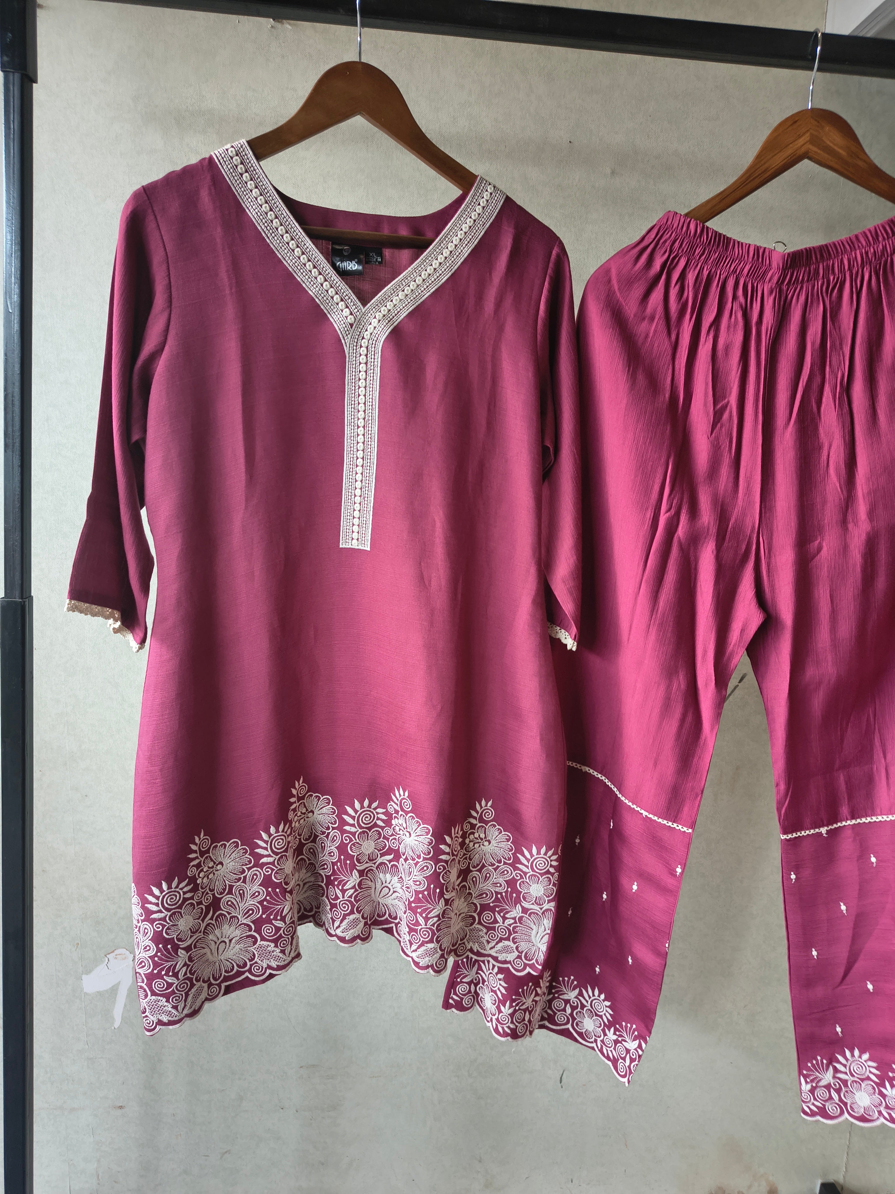 Image of Premium Wine Pink Embroidered Kurta Set with Matching Embroidered Palazzo & Dupatta