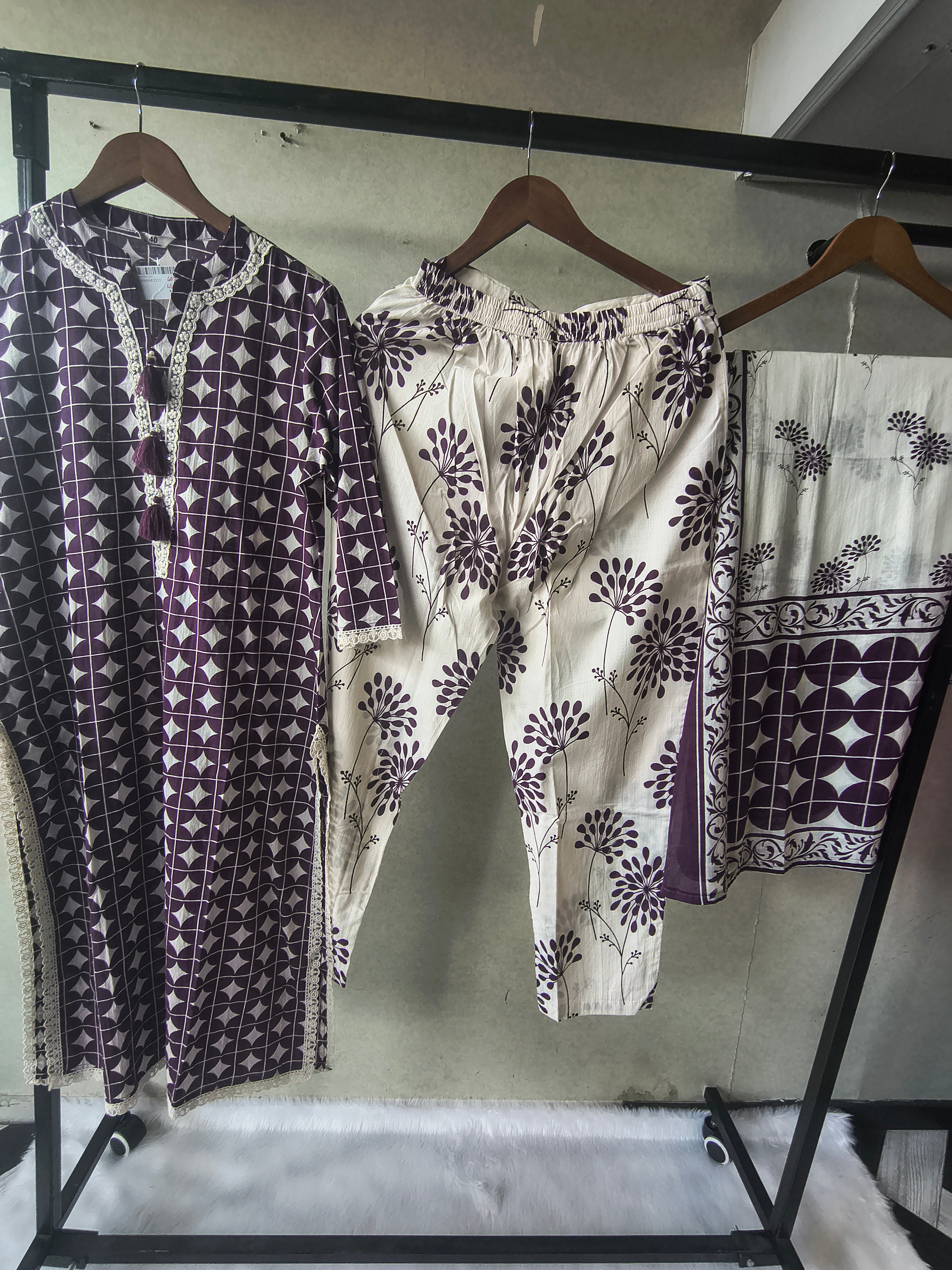 Image of Premium Plum Geometric Printed Cotton Kurta Set with Floral Printed Pants & Dupatta