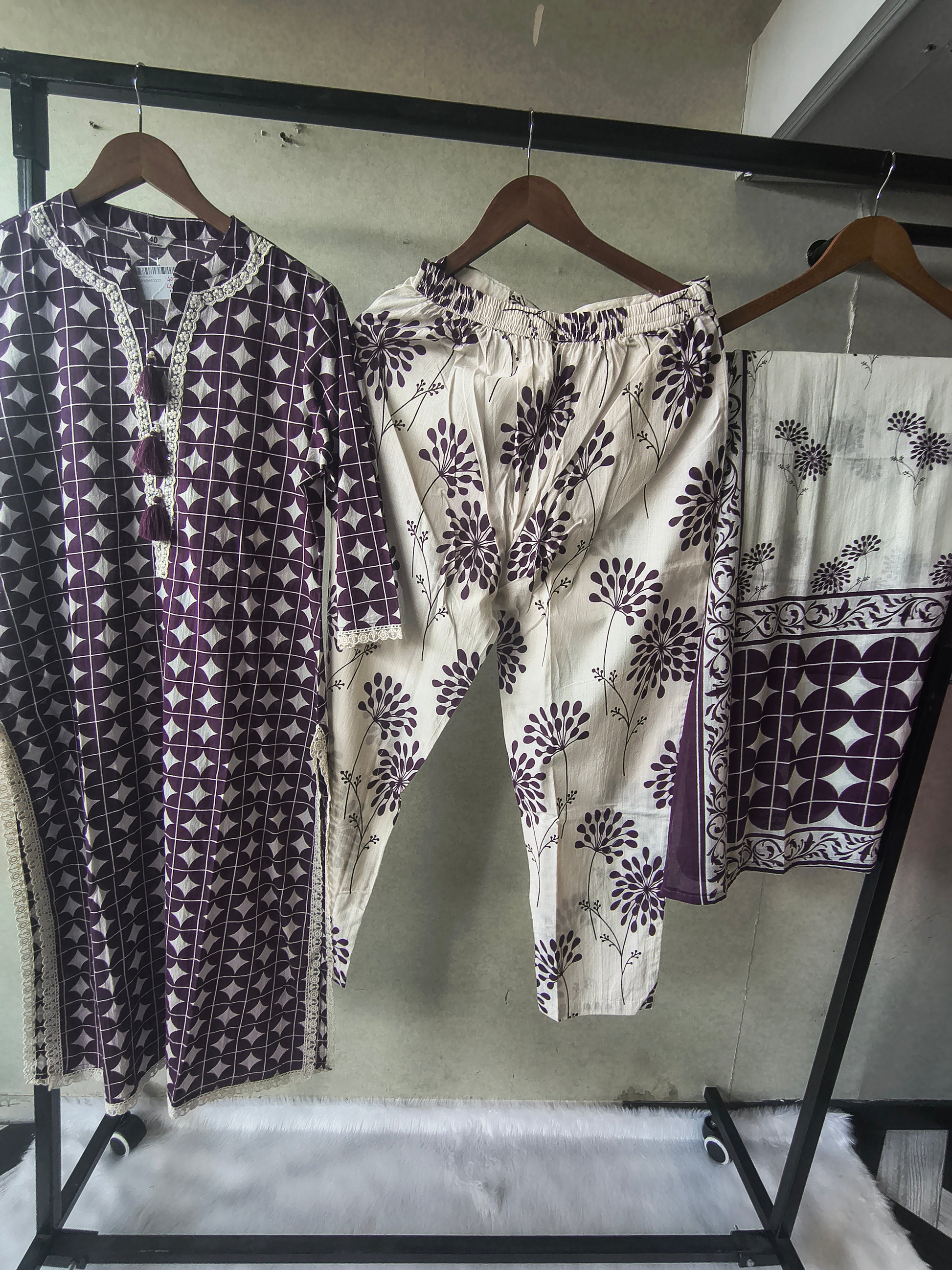 Premium Plum Geometric Printed Cotton Kurta Set with Floral Printed Pants & Dupatta