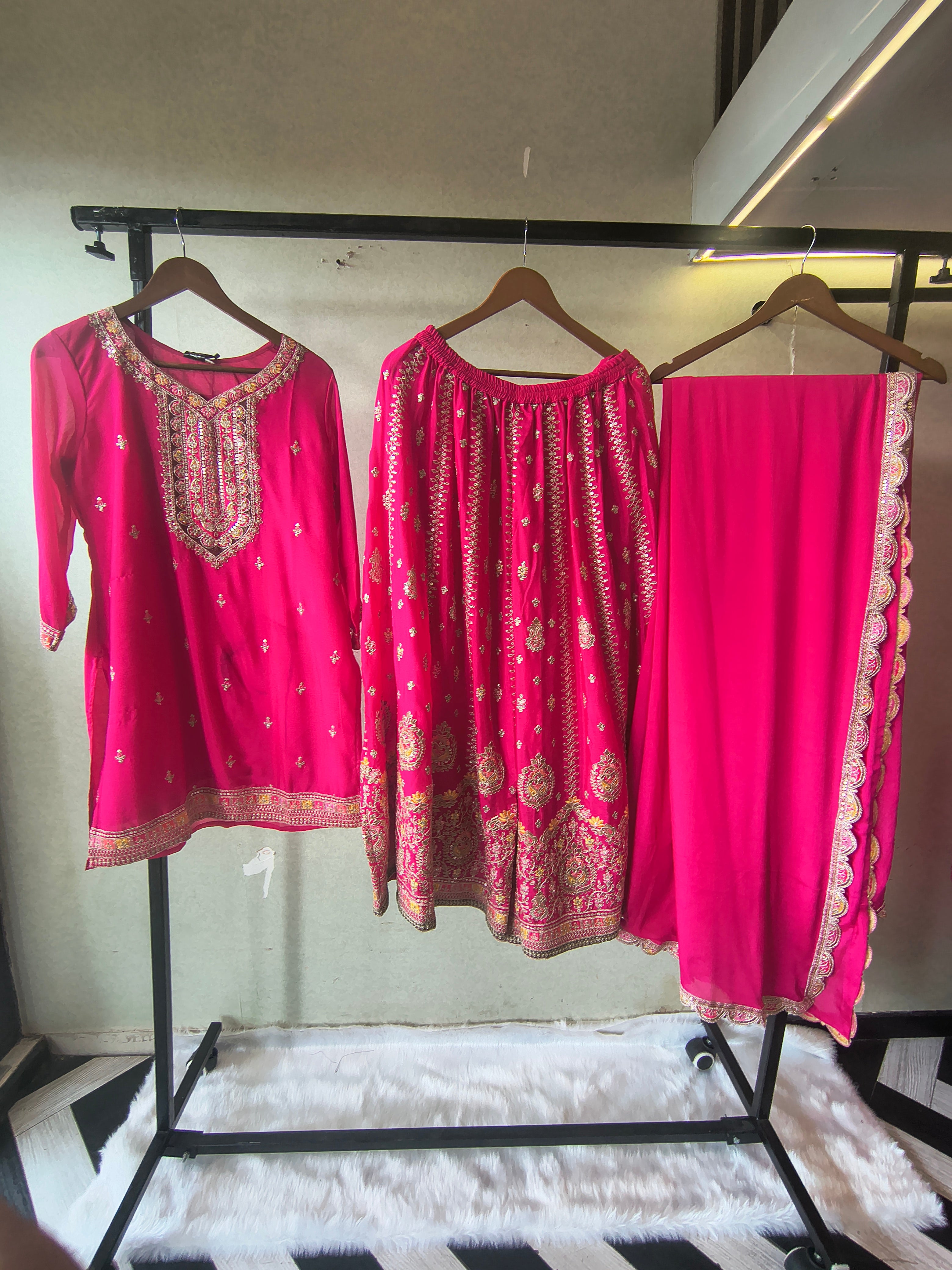 Image of Rani Pink Embroidered Kurta Sharara Set with Scalloped Dupatta – Premium 3 Piece Festive Ensemble