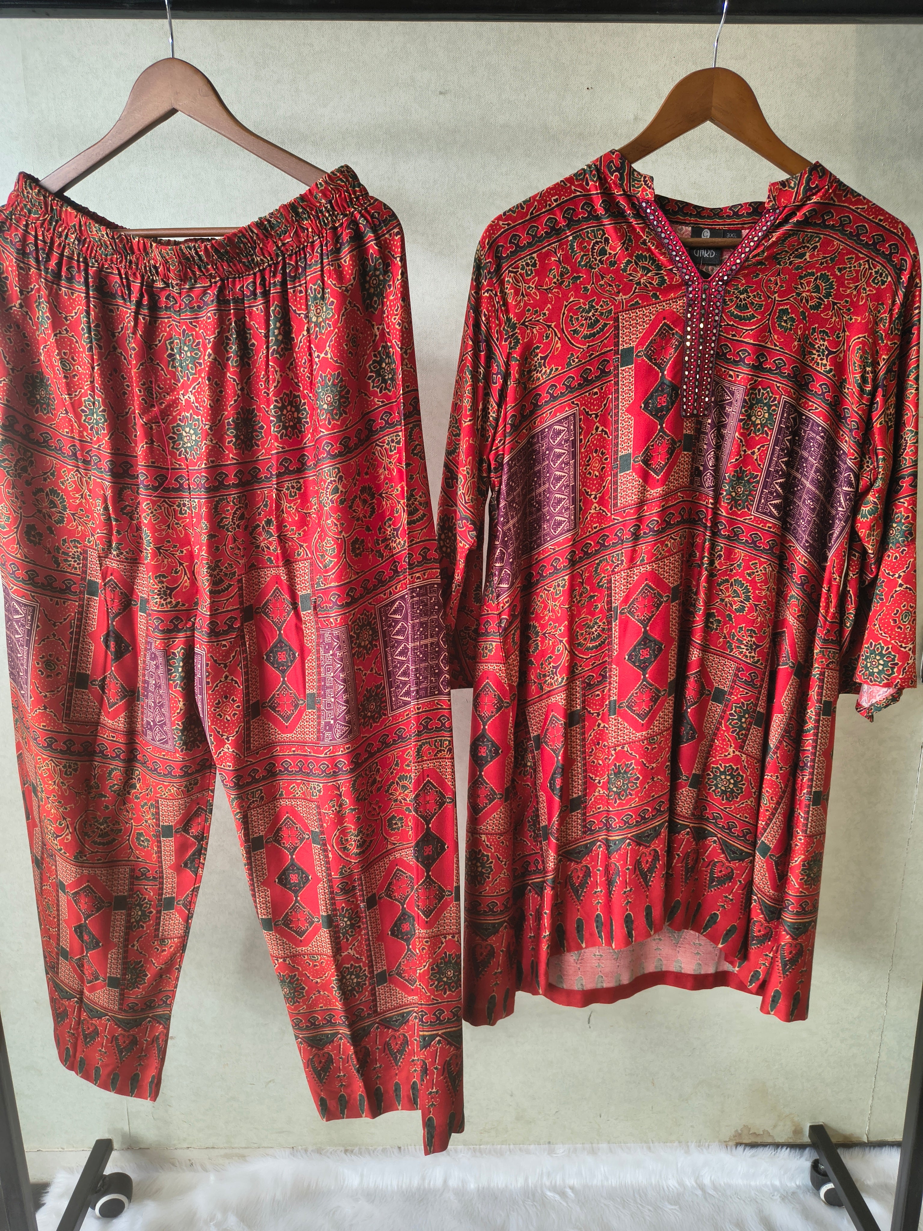Image of Premium Rust Red Tribal Print Co-Ord Kurta Set with Straight Pants