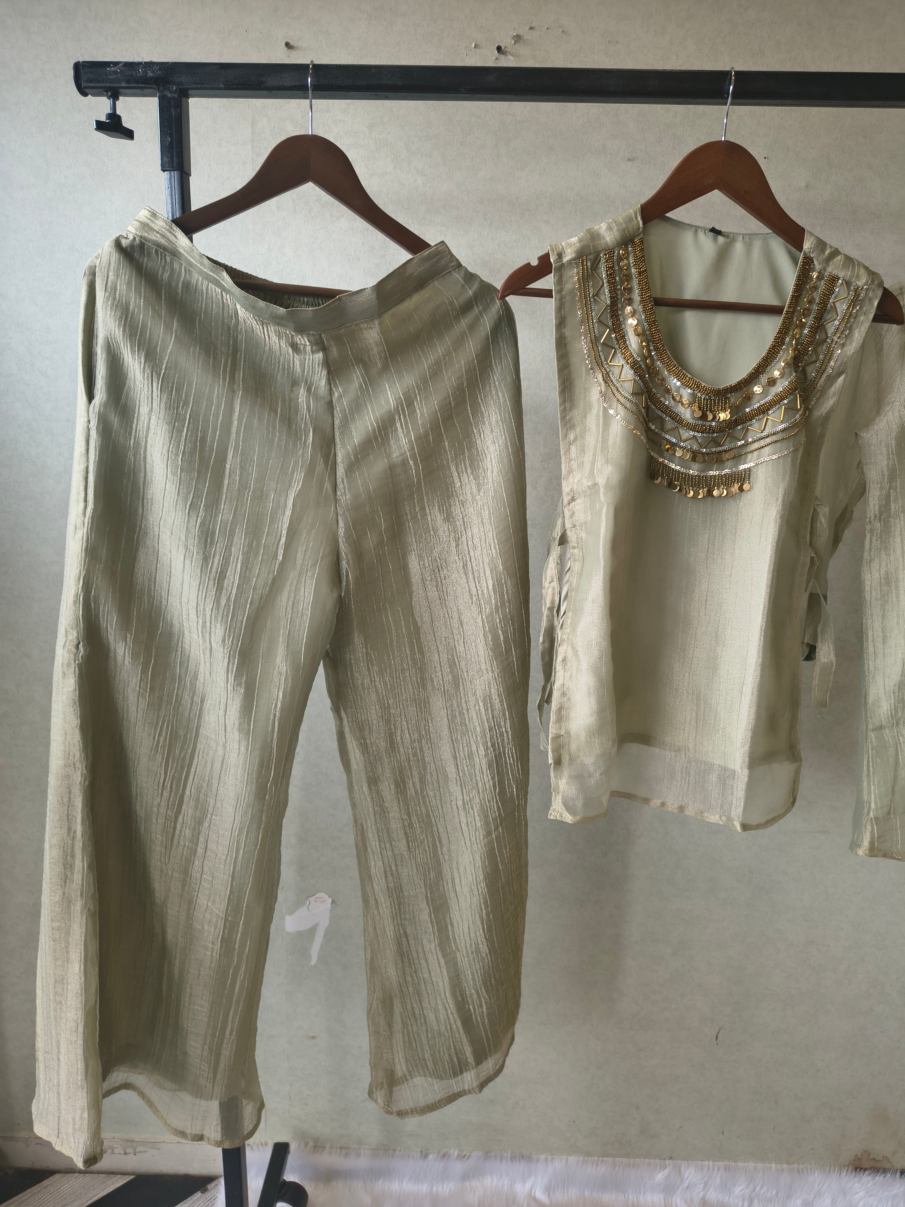Image of Premium Sage Grey Tissue Silk 3-Piece Co-Ord Set with Antique Hand Embellished Jacket, Inner & Palazzo