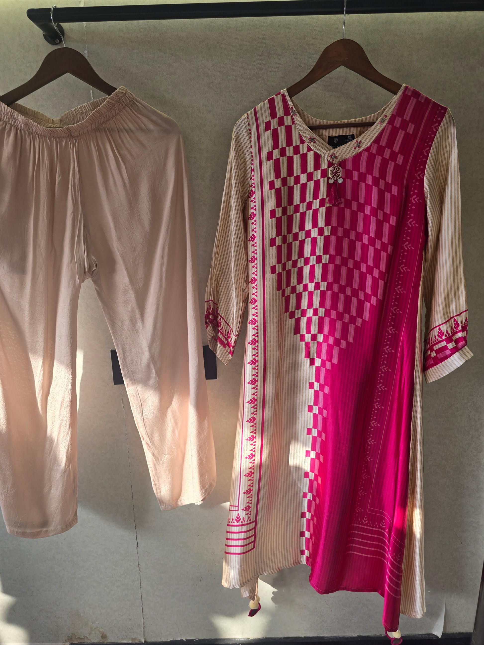 Fuchsia Panel Print Kurta Pant Set