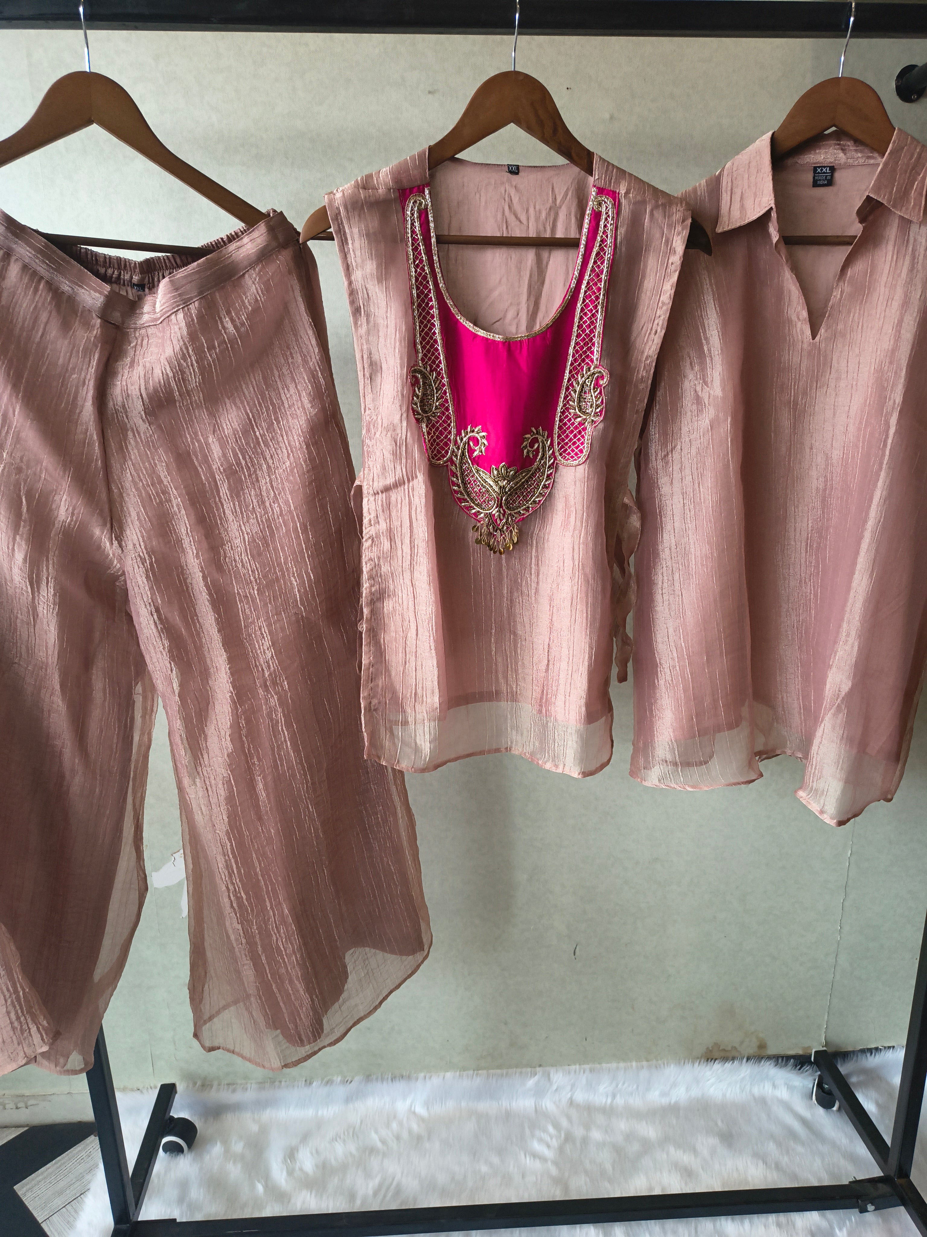 Image of Premium Rose Gold Tissue Silk 3-Piece Co-Ord Set with Hand Embellished Jacket, Inner & Palazzo
