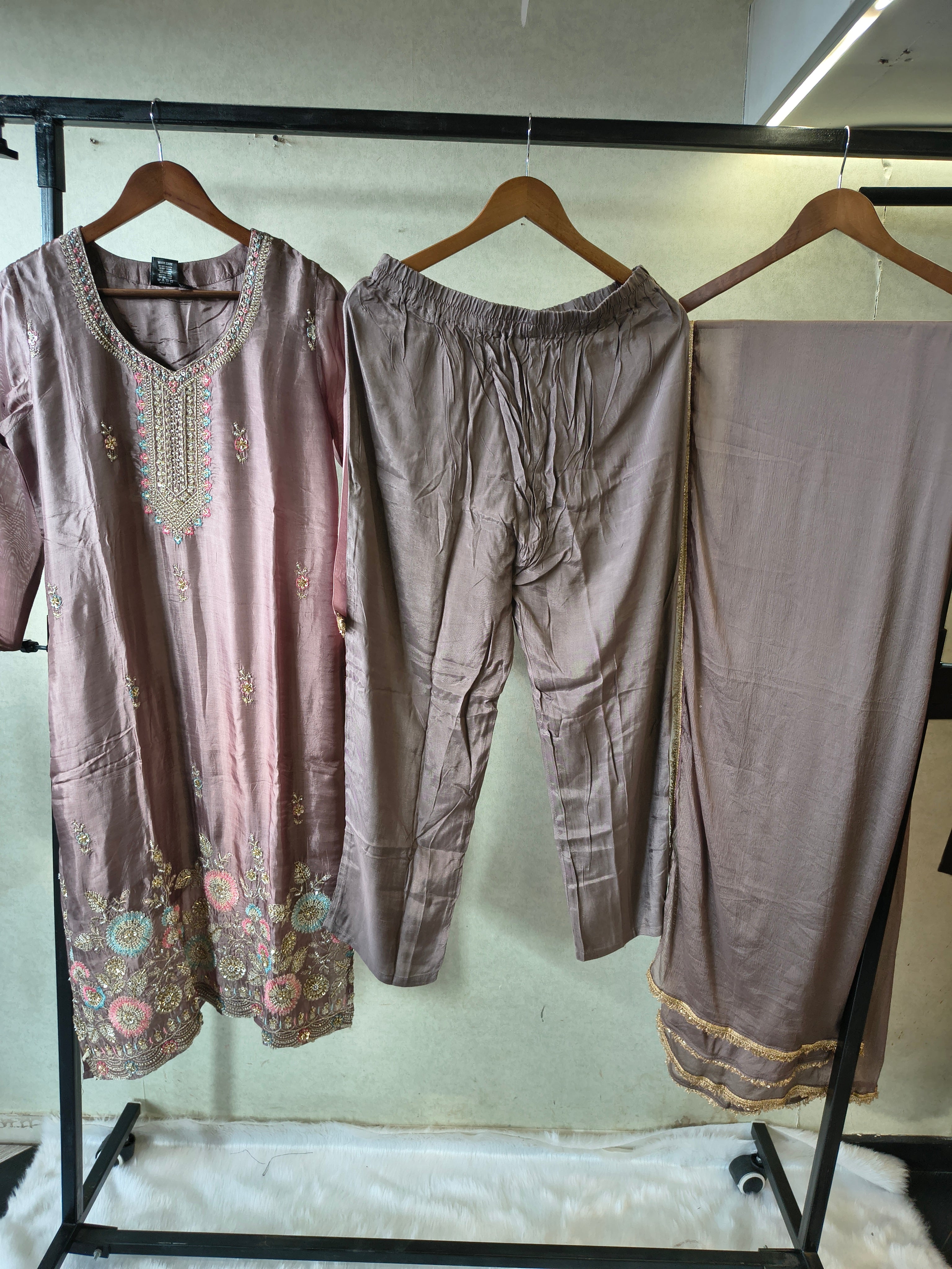 Image of Taupe Grey Embroidered Straight Kurta Set with Pastel Floral Hem, Handcrafted Yoke & Lace Border Dupatta – Premium 3 Piece Ethnic Ensemble