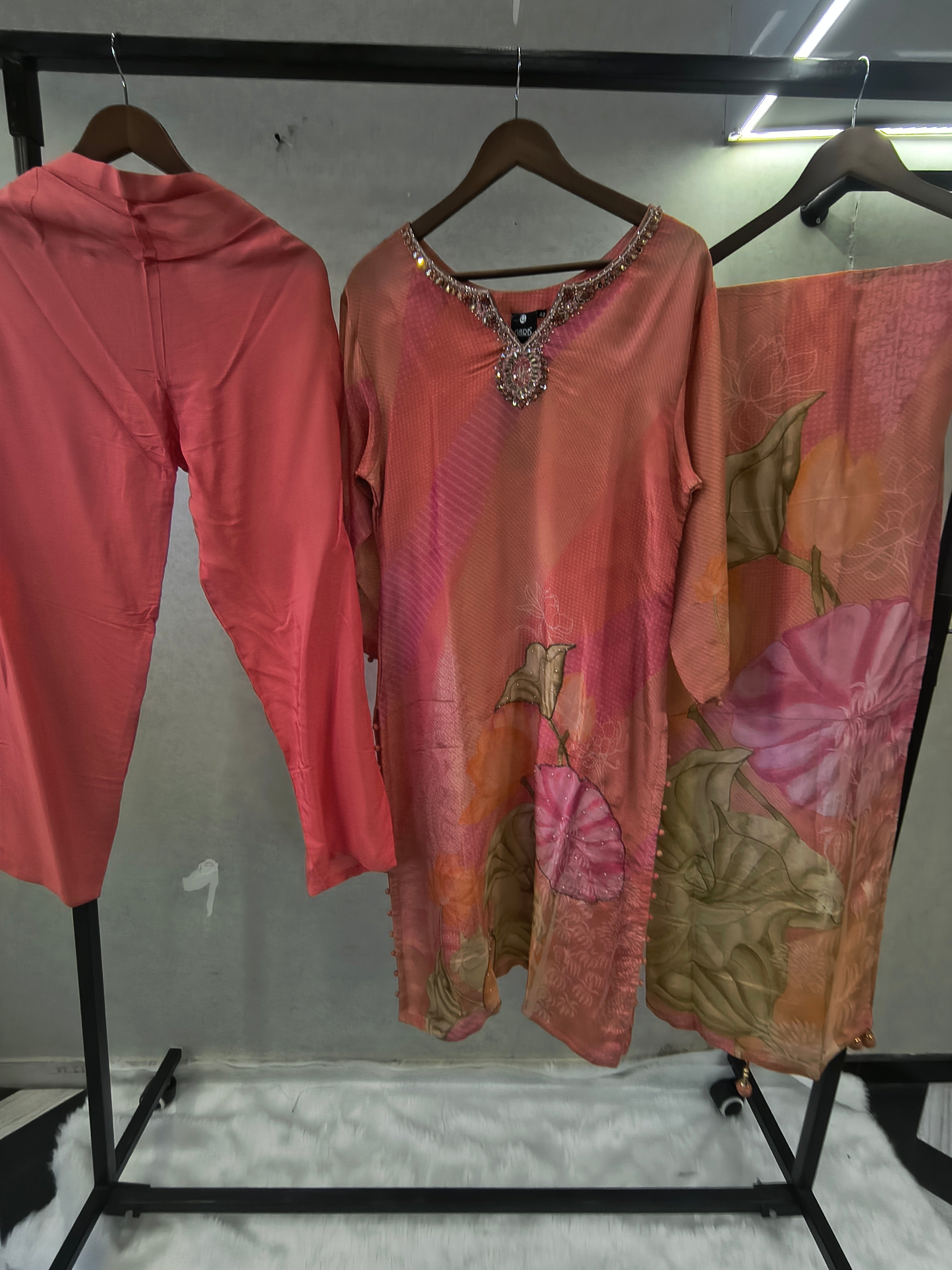 Image of Coral Pink Floral Printed Designer Kurta Set with Embellished Neckline & Printed Dupatta | Premium 3 Piece Festive Ensemble