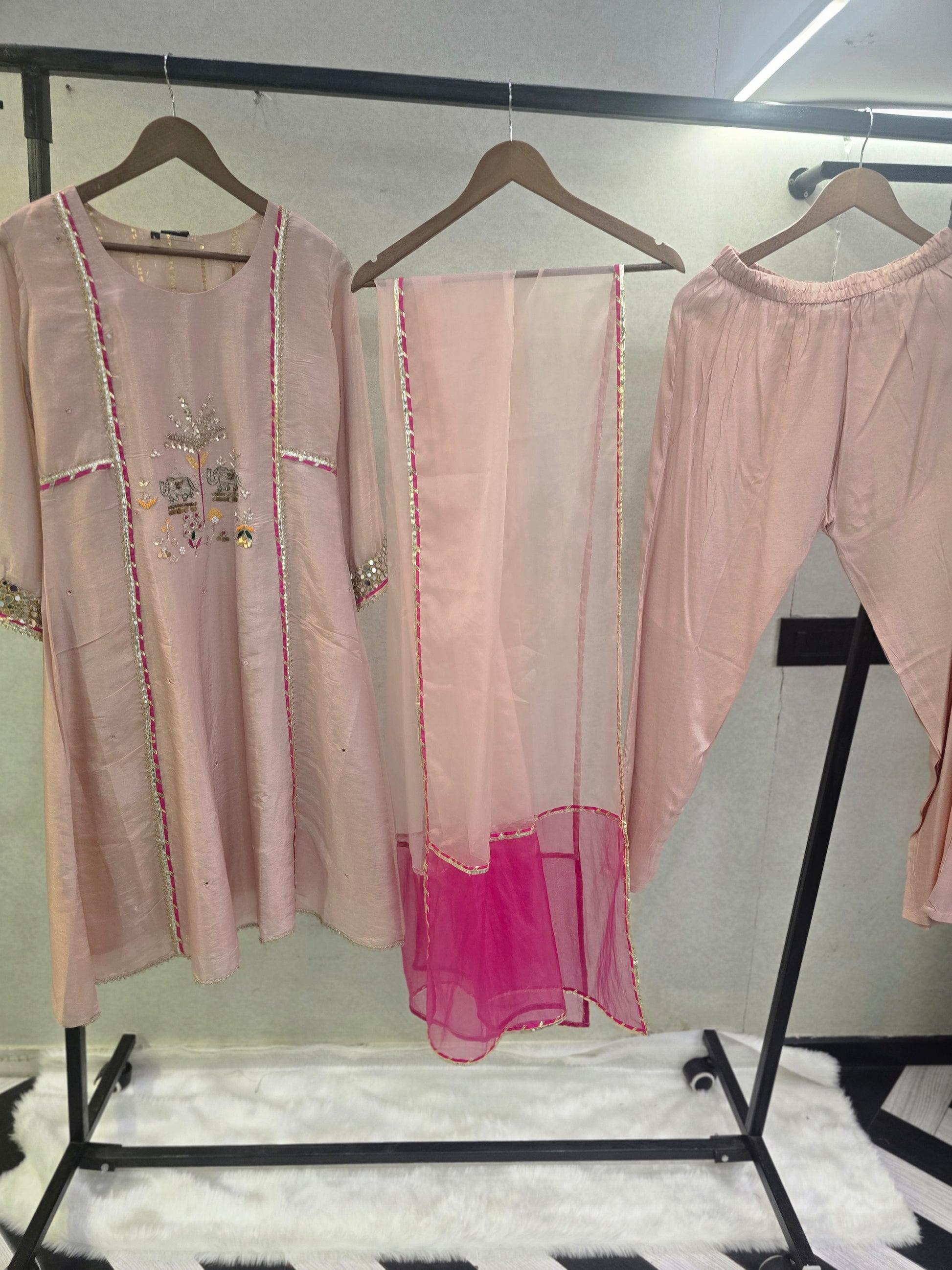 Blush Pink Hand-Embroidered Kurta Set with Contrast Organza Dupatta | Premium 3 Piece Ethnic Suit