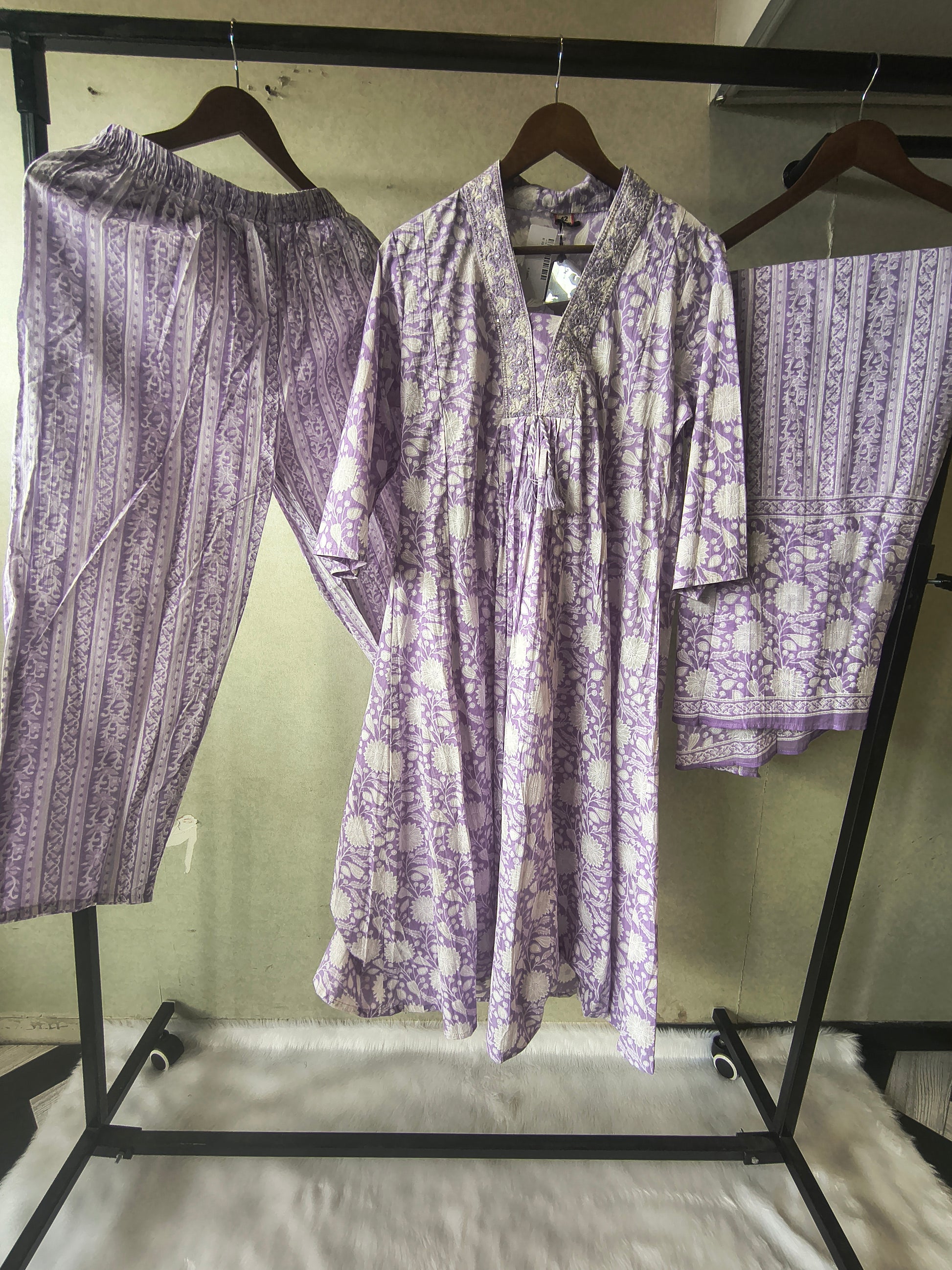 Premium Lavender Floral Printed Cotton Anarkali Kurta Set with Striped Pants & Printed Dupatta
